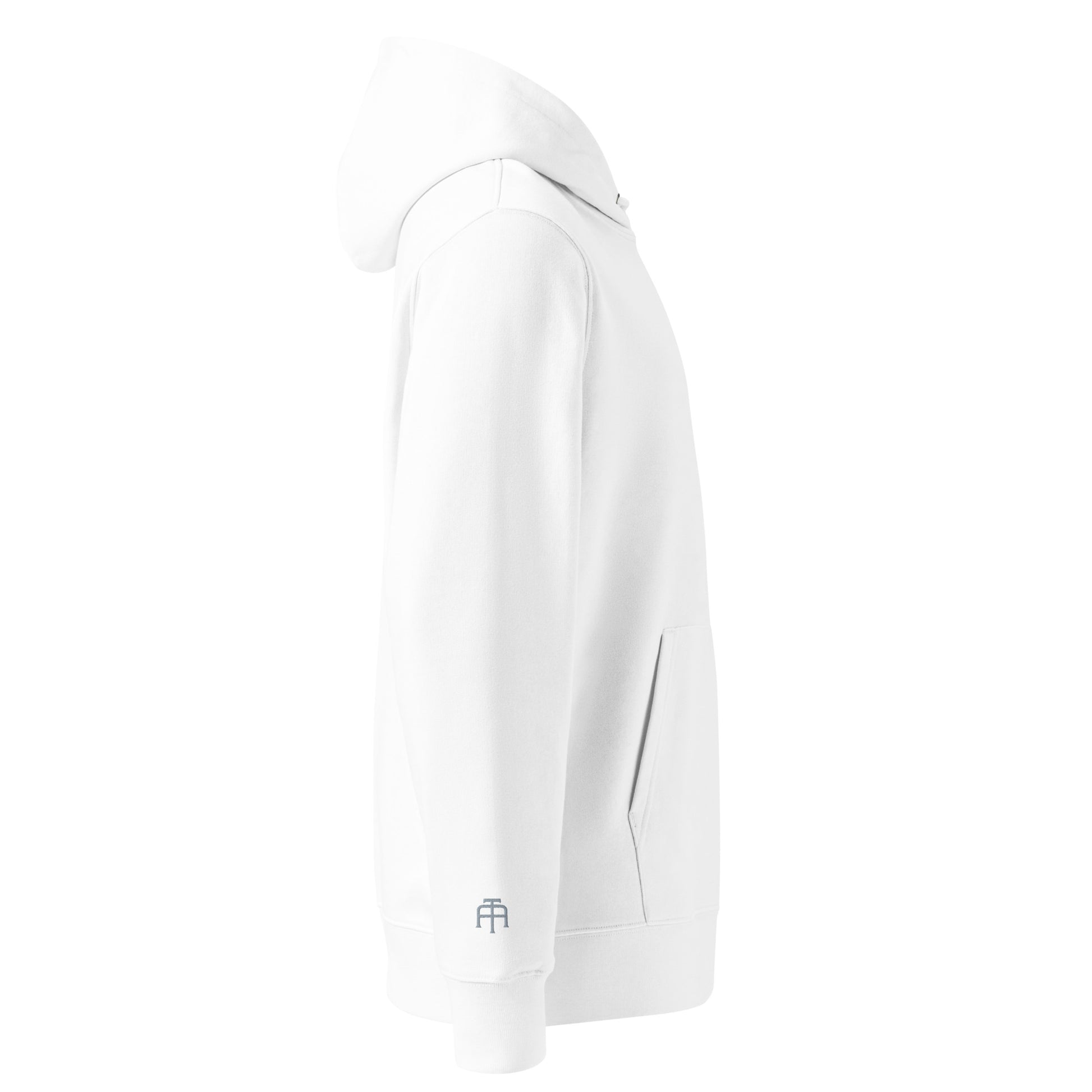 Sustainable organic cotton premium 10 oz hoodie in white with gray switch\off and logo embroidery - An Athlete Trains.