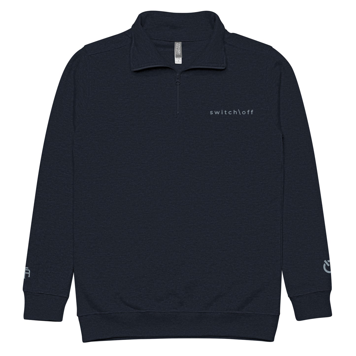 Soft fleece pullover in navy with gray switch\off and logo embroidery- An Athlete Trains.