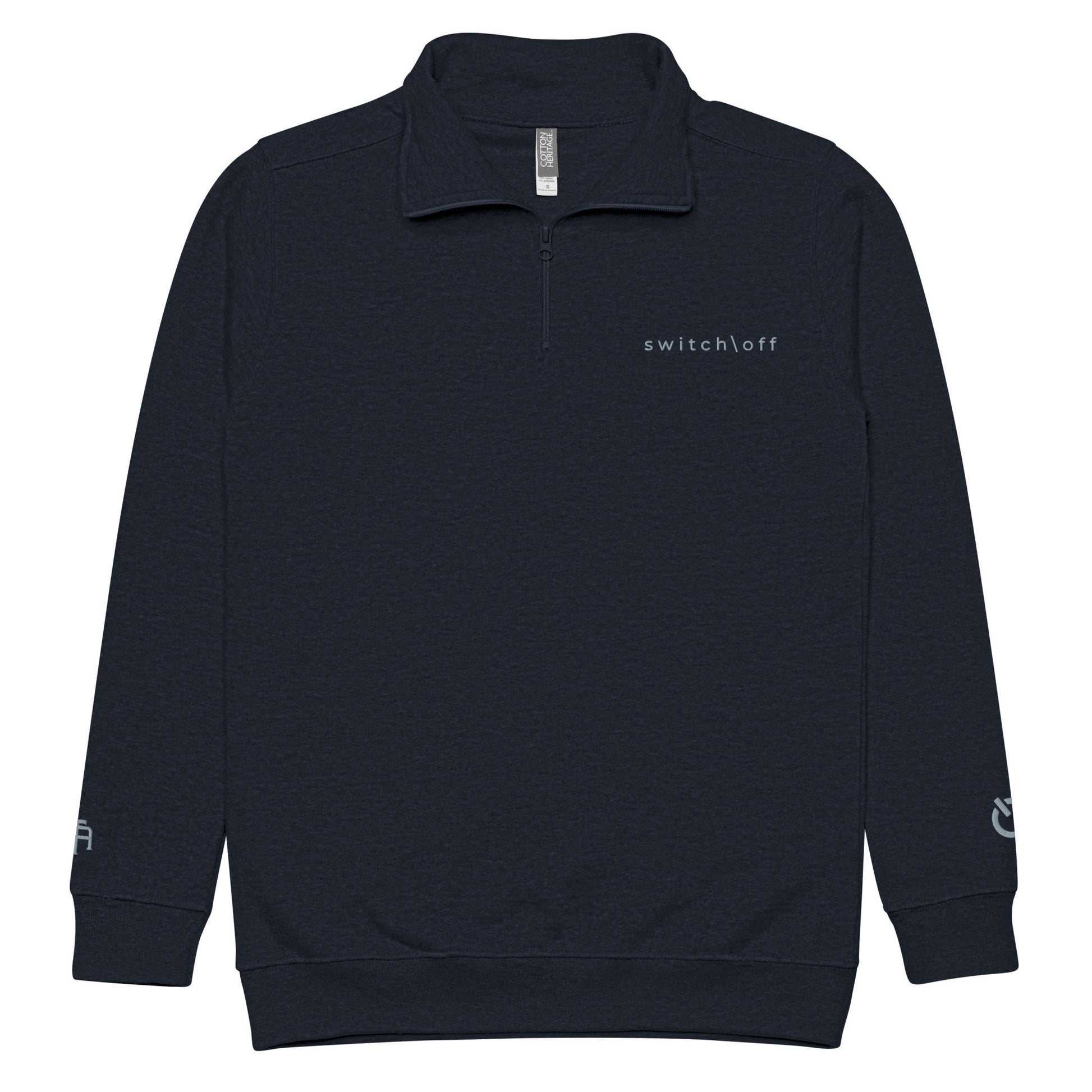Soft fleece pullover in navy with gray switch\off and logo embroidery- An Athlete Trains.