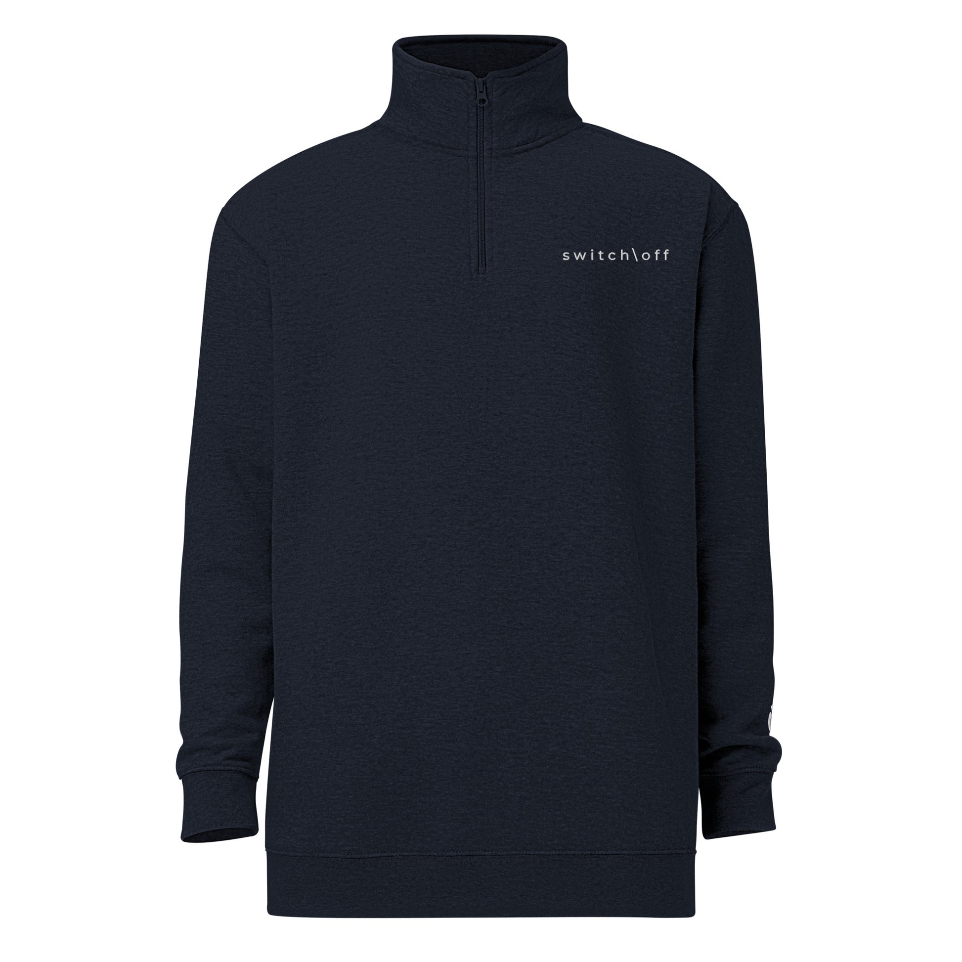 Soft fleece pullover in navy with white switch\off and logo embroidery- An Athlete Trains.