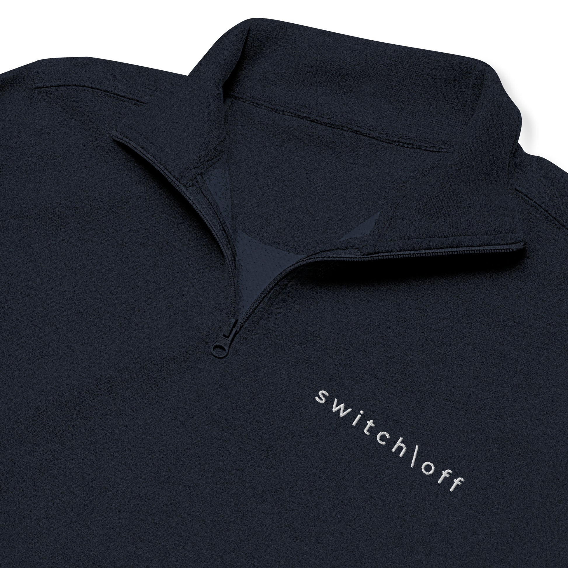 Soft fleece pullover in navy with white switch\off and logo embroidery- An Athlete Trains.