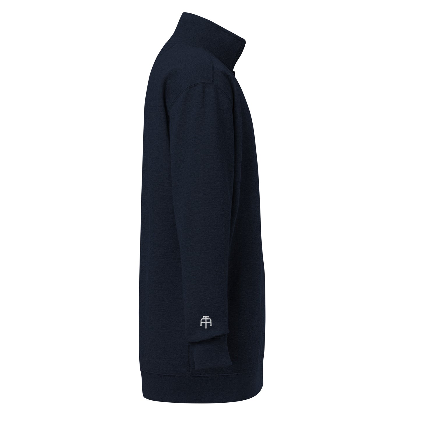 Soft fleece pullover in navy with white switch\off and logo embroidery- An Athlete Trains.