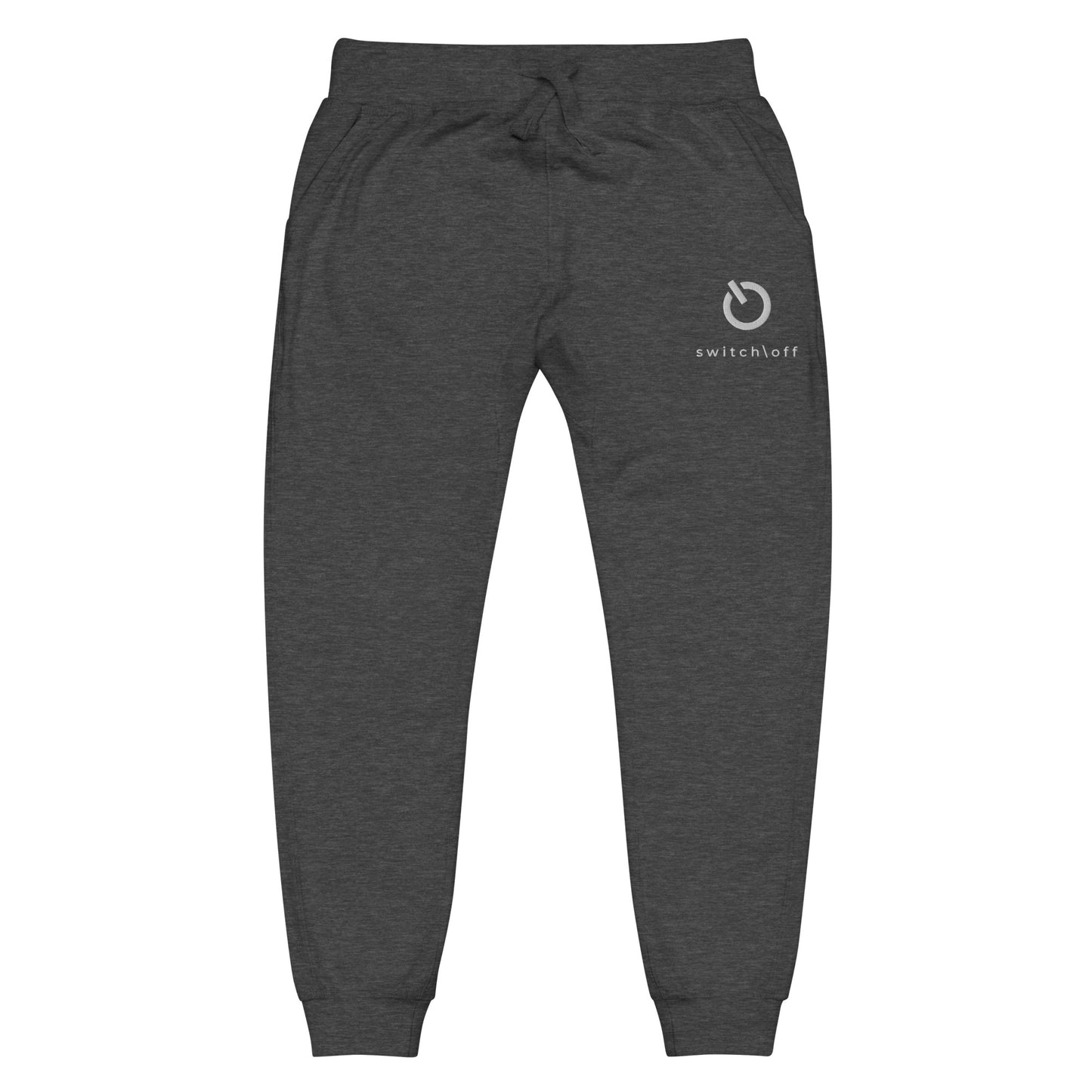 Premium 3-end fleece sweatpants with a soft cotton face in charcoal heather gray with white switch\off and logo embroidery - An Athlete Trains.