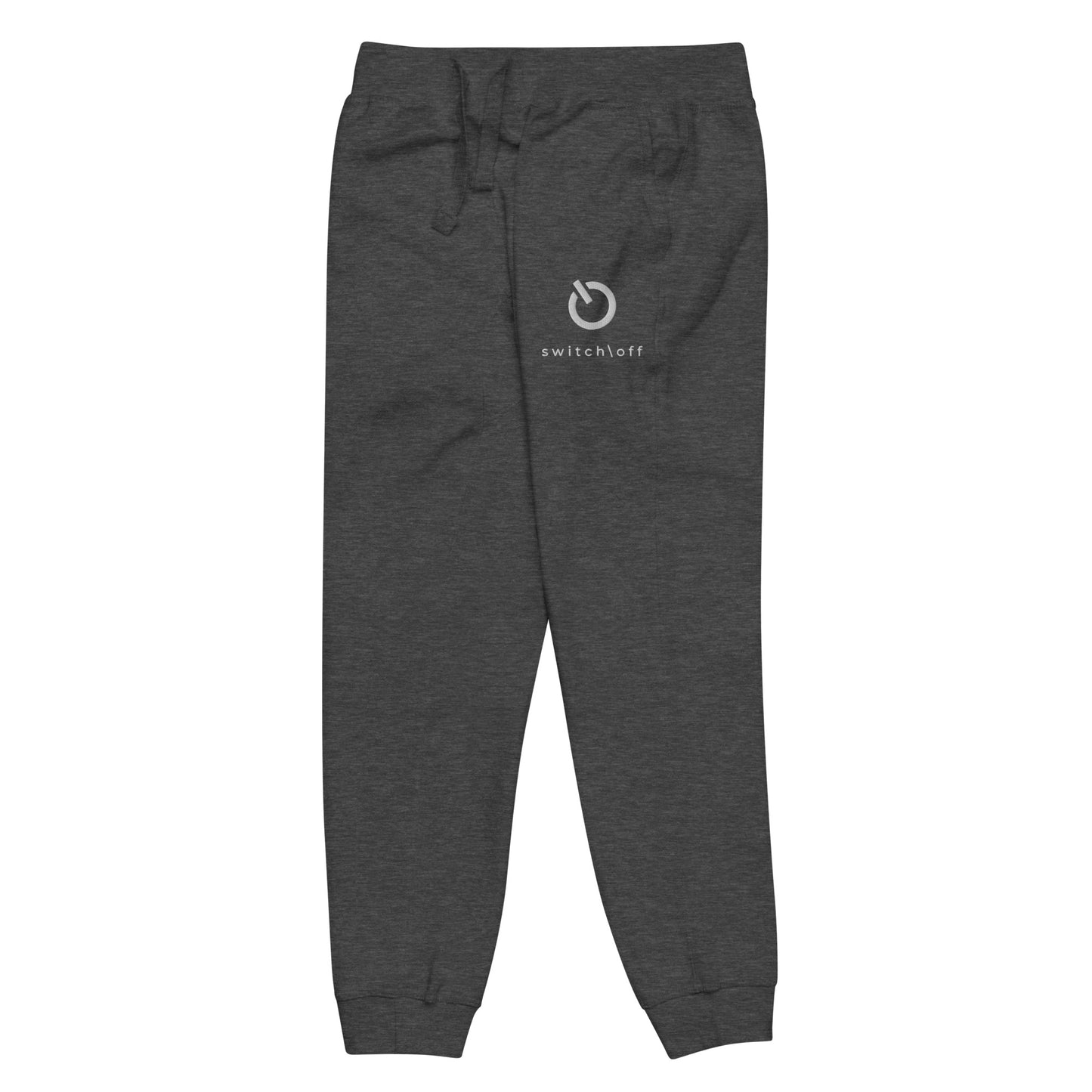 Premium 3-end fleece sweatpants with a soft cotton face in charcoal heather gray with white switch\off and logo embroidery - An Athlete Trains.