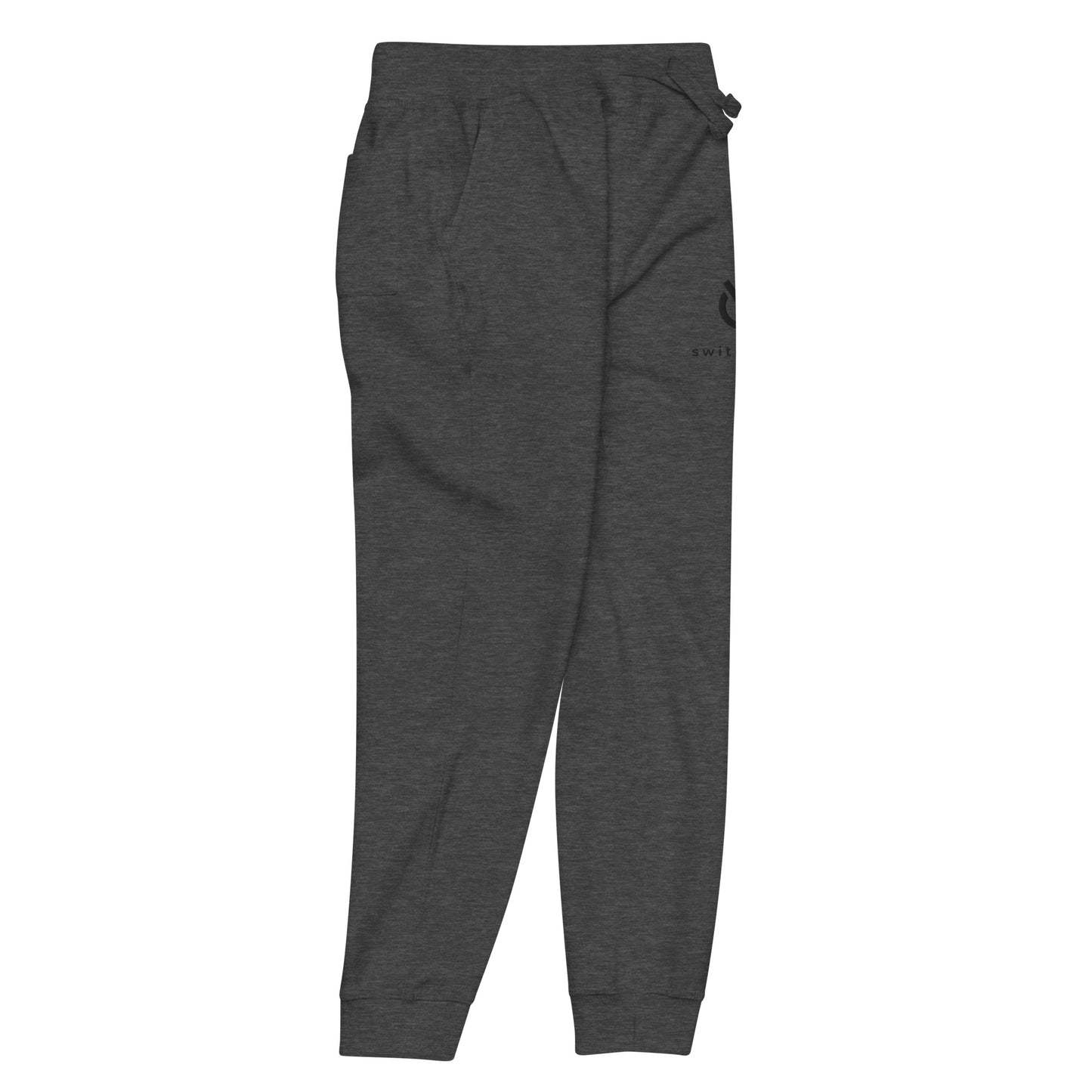 Premium 3-end fleece sweatpants with a soft cotton face in charcoal heather gray with black switch\off and logo embroidery - An Athlete Trains.