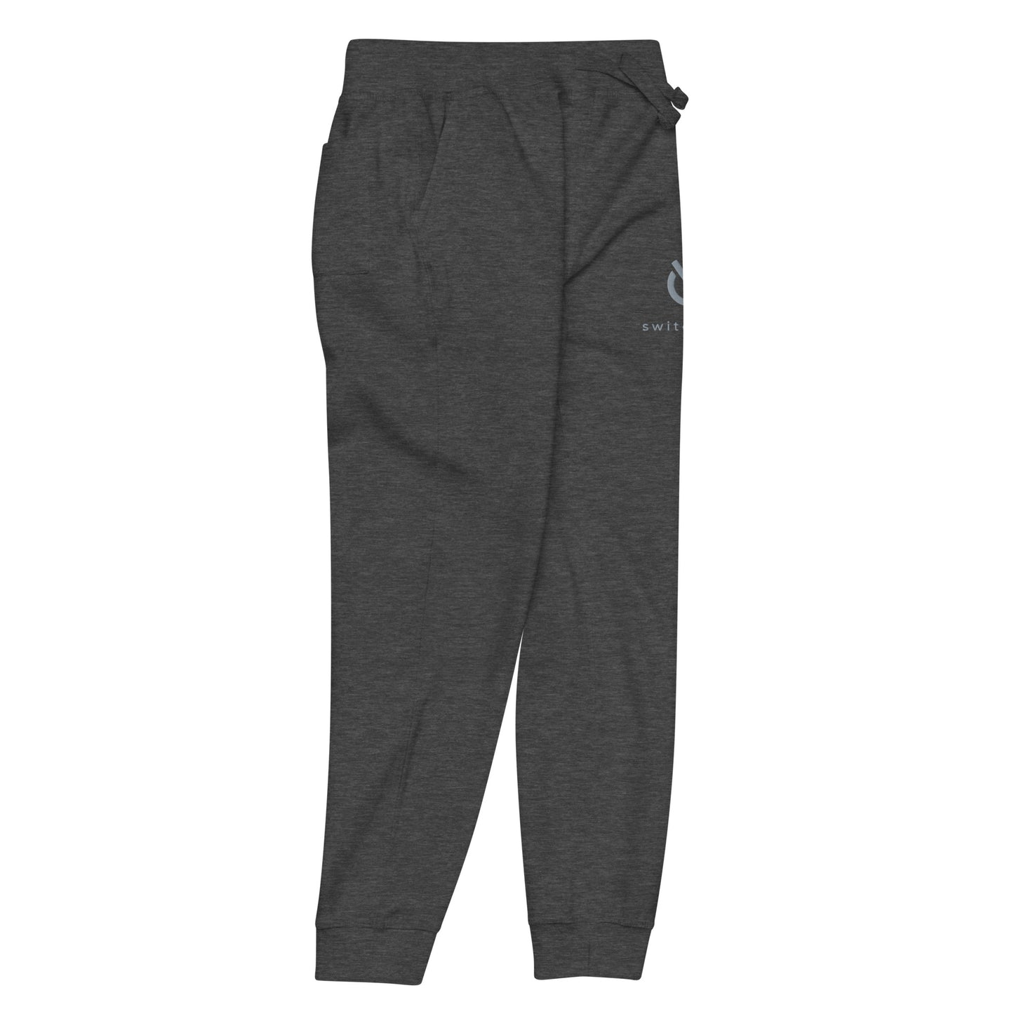 Premium 3-end fleece sweatpants with a soft cotton face in charcoal heather gray with gray switch\off and logo embroidery - An Athlete Trains.