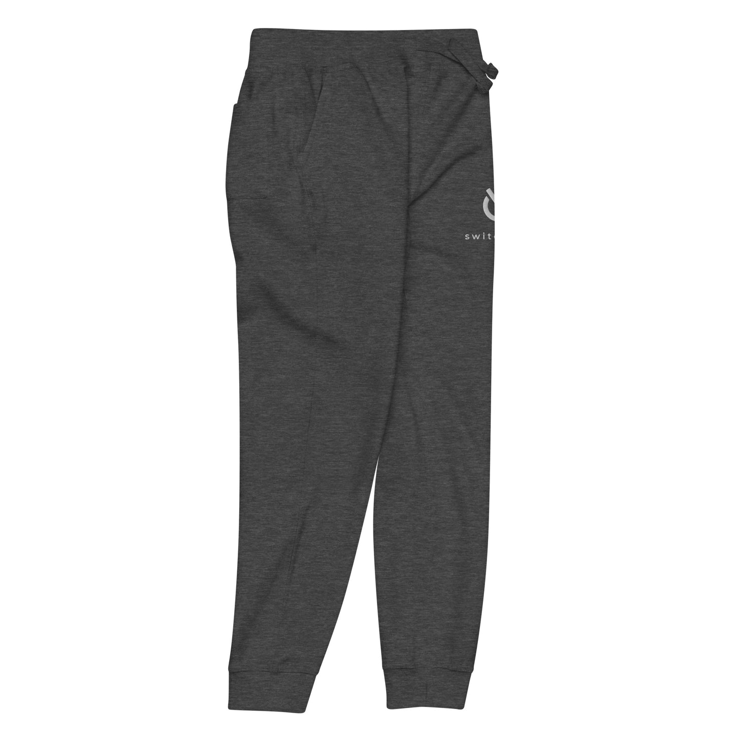 Premium 3-end fleece sweatpants with a soft cotton face in charcoal heather gray with white switch\off and logo embroidery - An Athlete Trains.