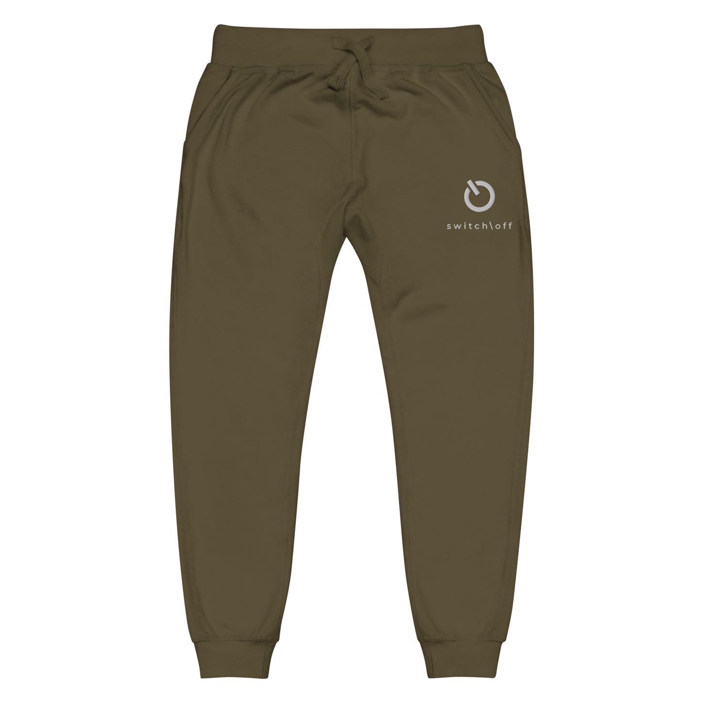 Premium 3-end fleece sweatpants with a soft cotton face in military green with white switch\off and logo embroidery - An Athlete Trains.