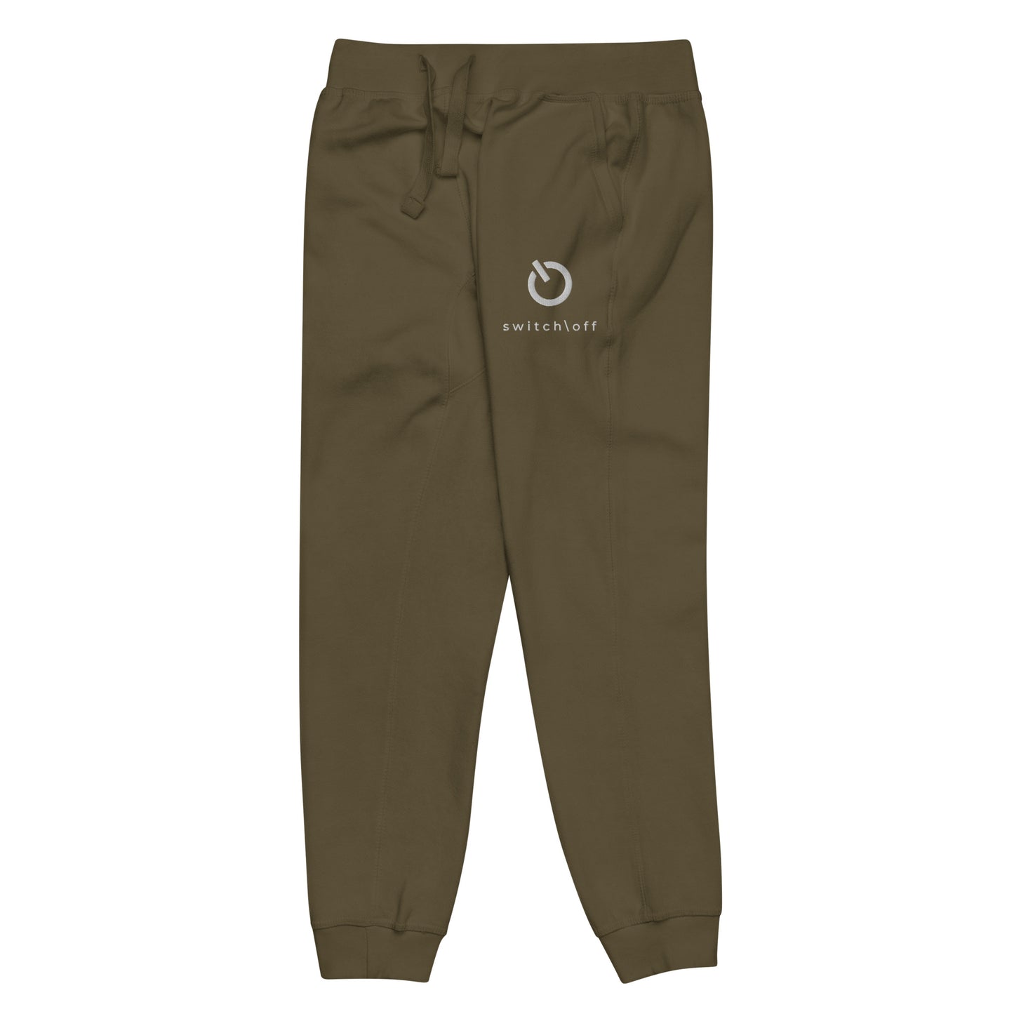 Premium 3-end fleece sweatpants with a soft cotton face in military green with white switch\off and logo embroidery - An Athlete Trains.