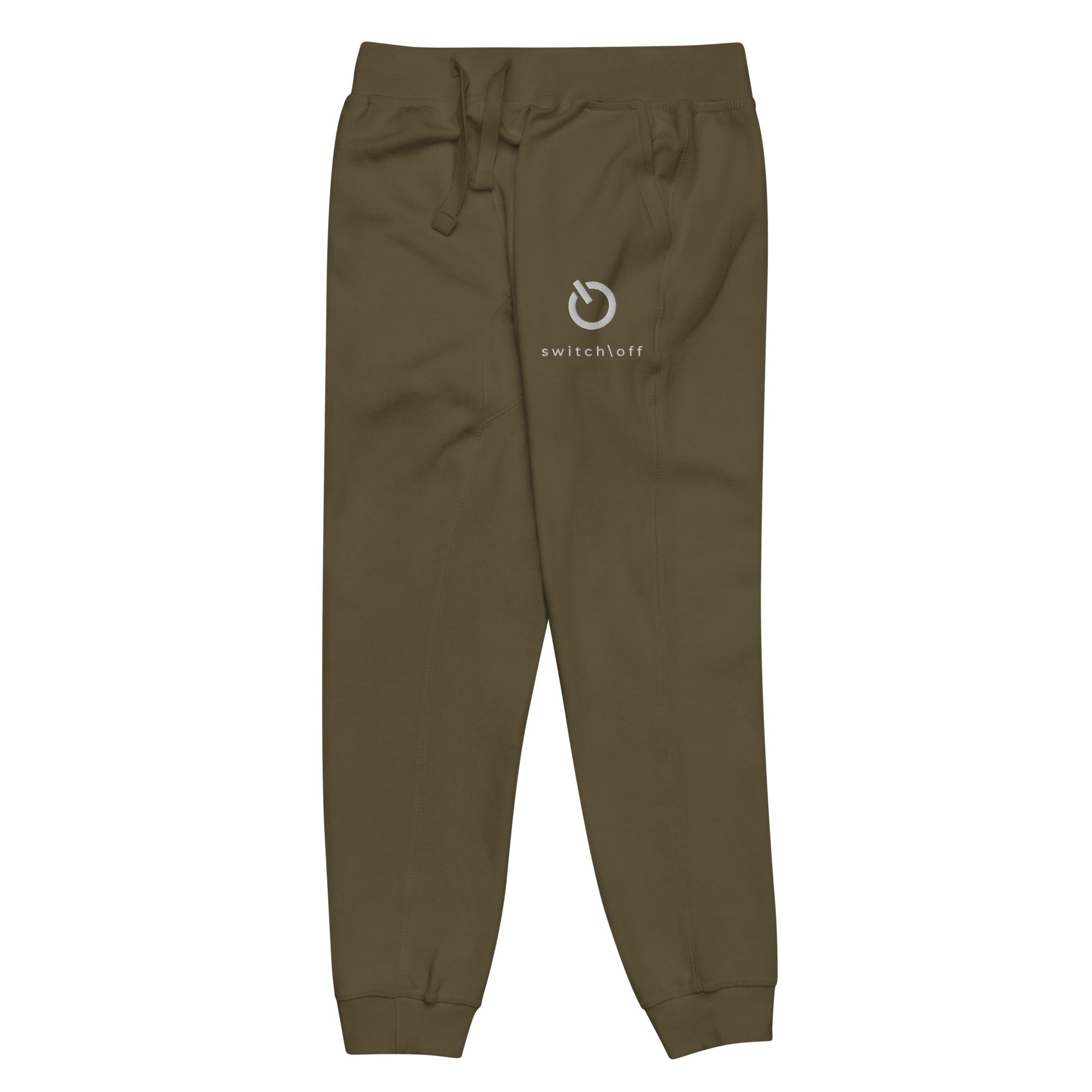 Premium 3-end fleece sweatpants with a soft cotton face in military green with white switch\off and logo embroidery - An Athlete Trains.