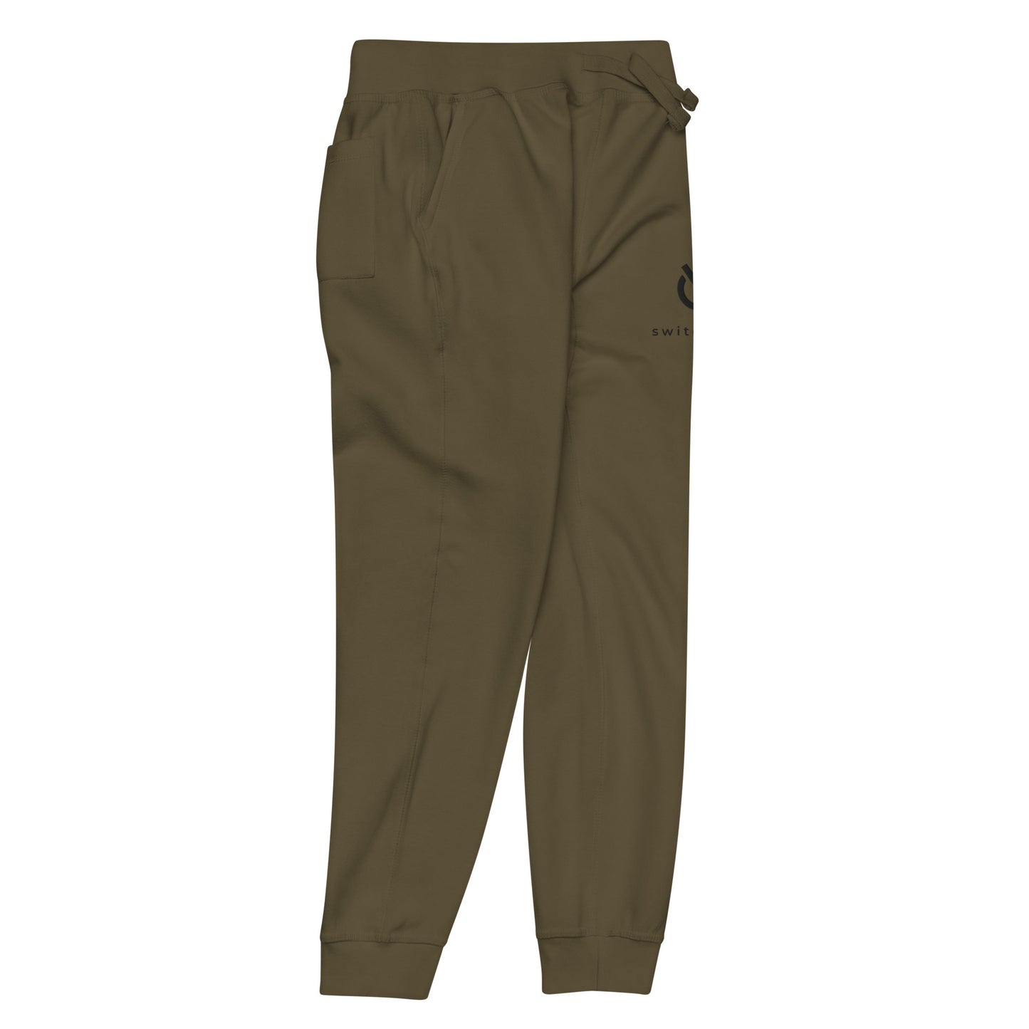Premium 3-end fleece sweatpants with a soft cotton face in military green with black switch\off and logo embroidery - An Athlete Trains.