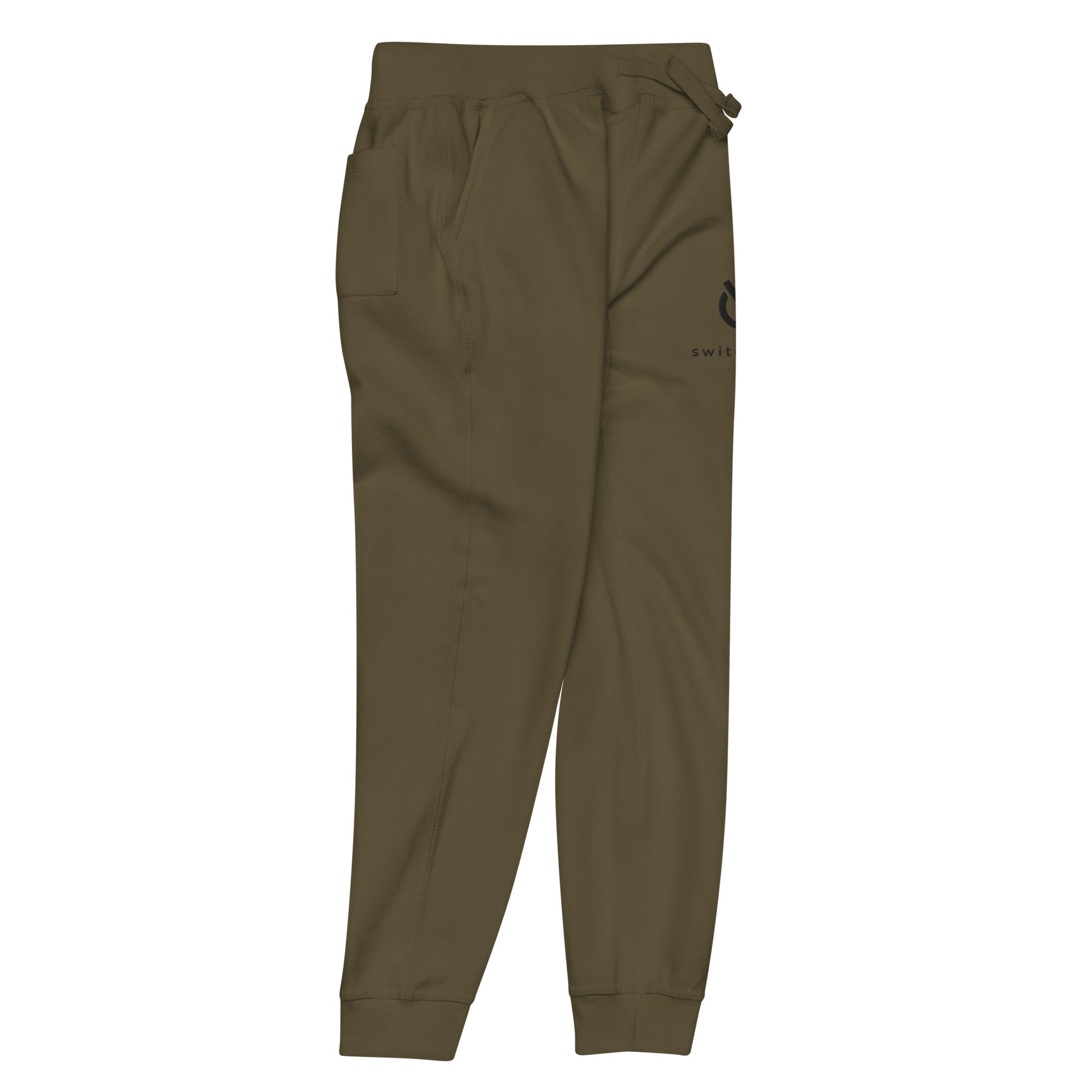 Premium 3-end fleece sweatpants with a soft cotton face in military green with black switch\off and logo embroidery - An Athlete Trains.
