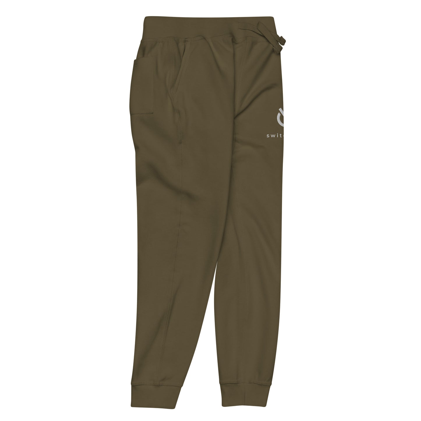 Premium 3-end fleece sweatpants with a soft cotton face in military green with white switch\off and logo embroidery - An Athlete Trains.
