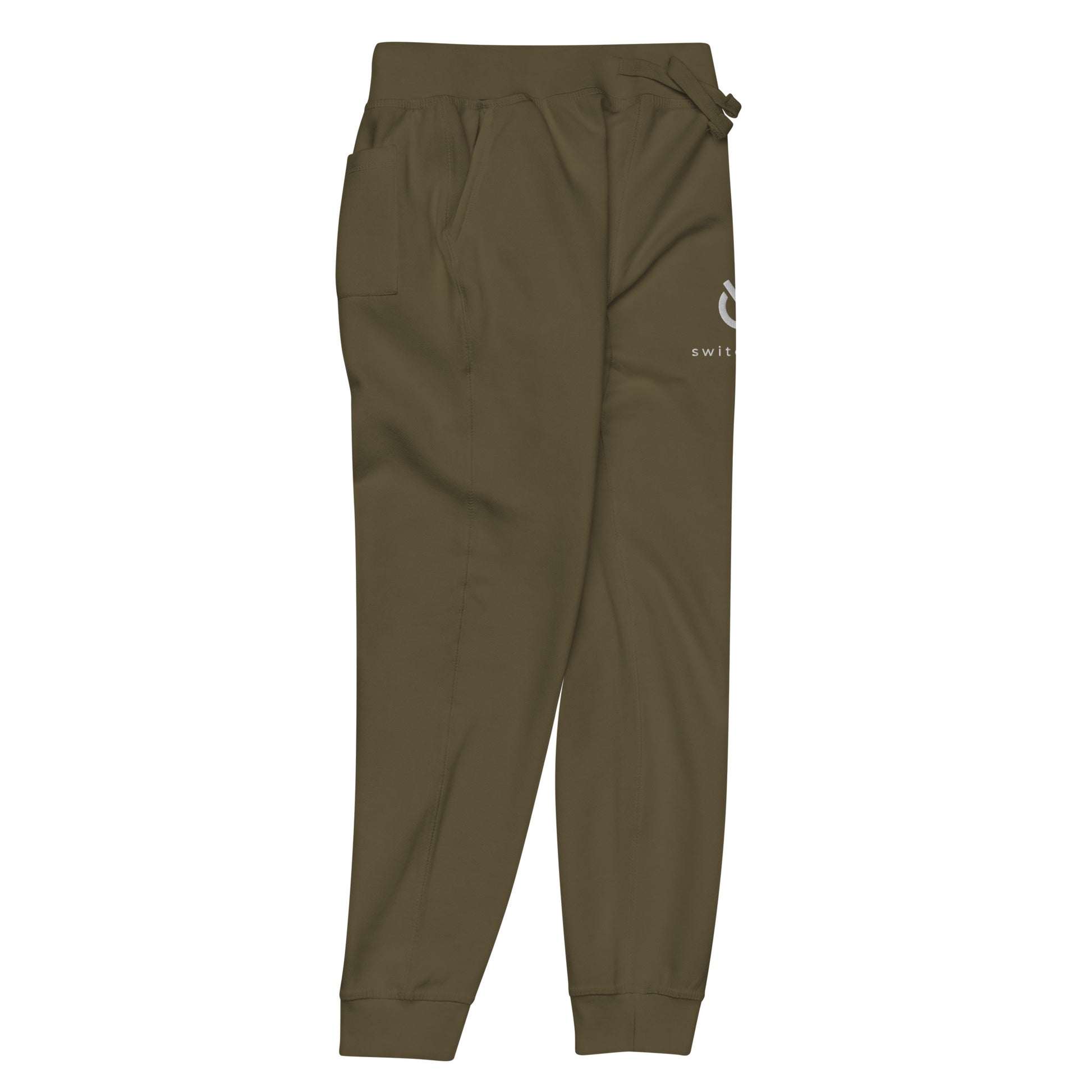 Premium 3-end fleece sweatpants with a soft cotton face in military green with white switch\off and logo embroidery - An Athlete Trains.