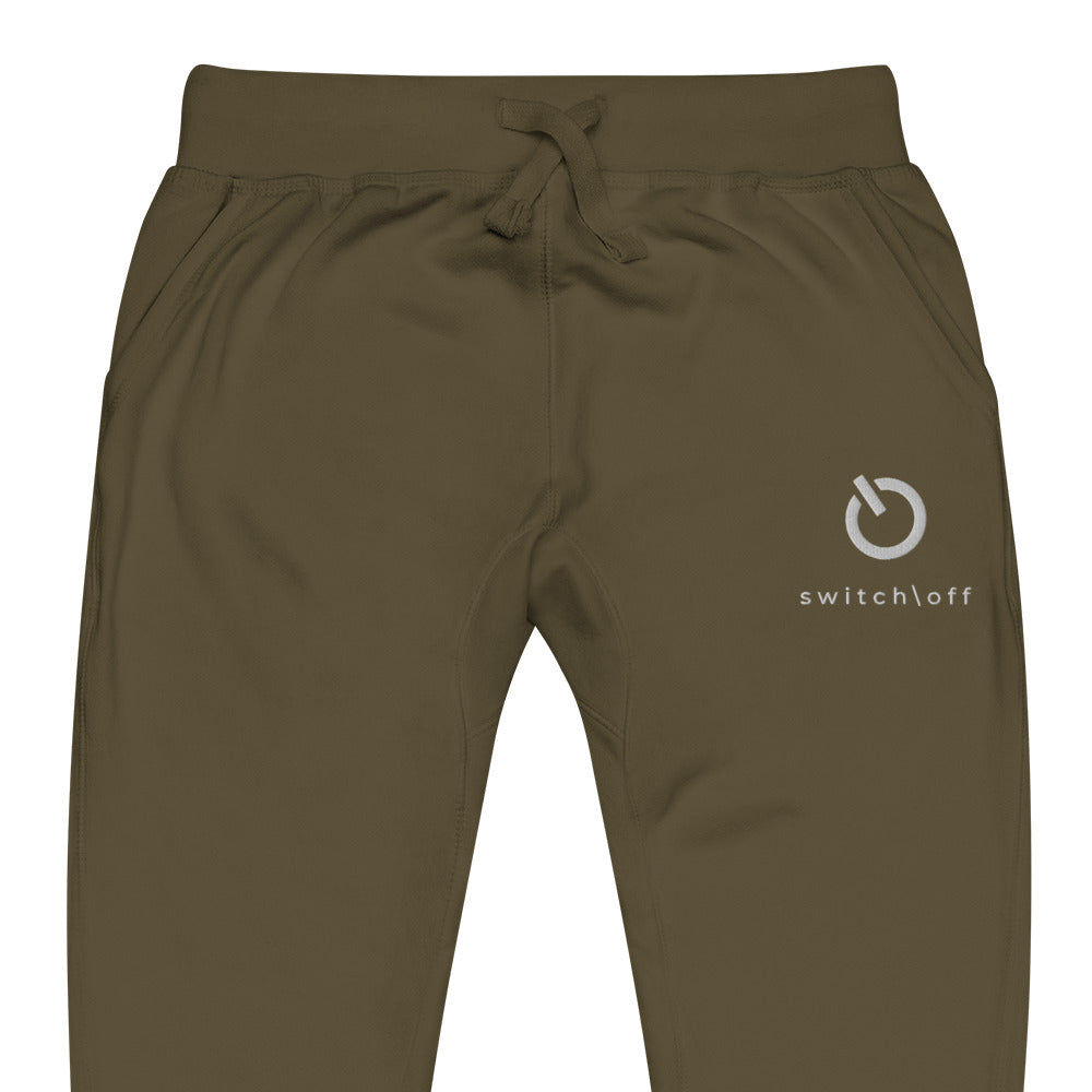 Premium 3-end fleece sweatpants with a soft cotton face in military green with white switch\off and logo embroidery - An Athlete Trains.