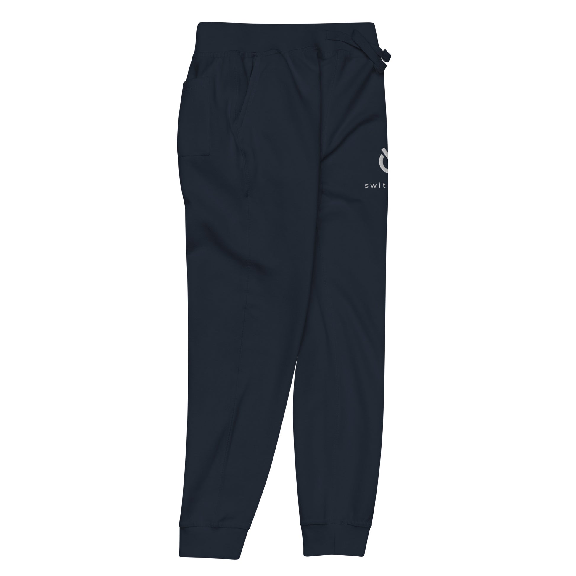 Premium 3-end fleece sweatpants with a soft cotton face in navy with white switch\off and logo embroidery - An Athlete Trains.