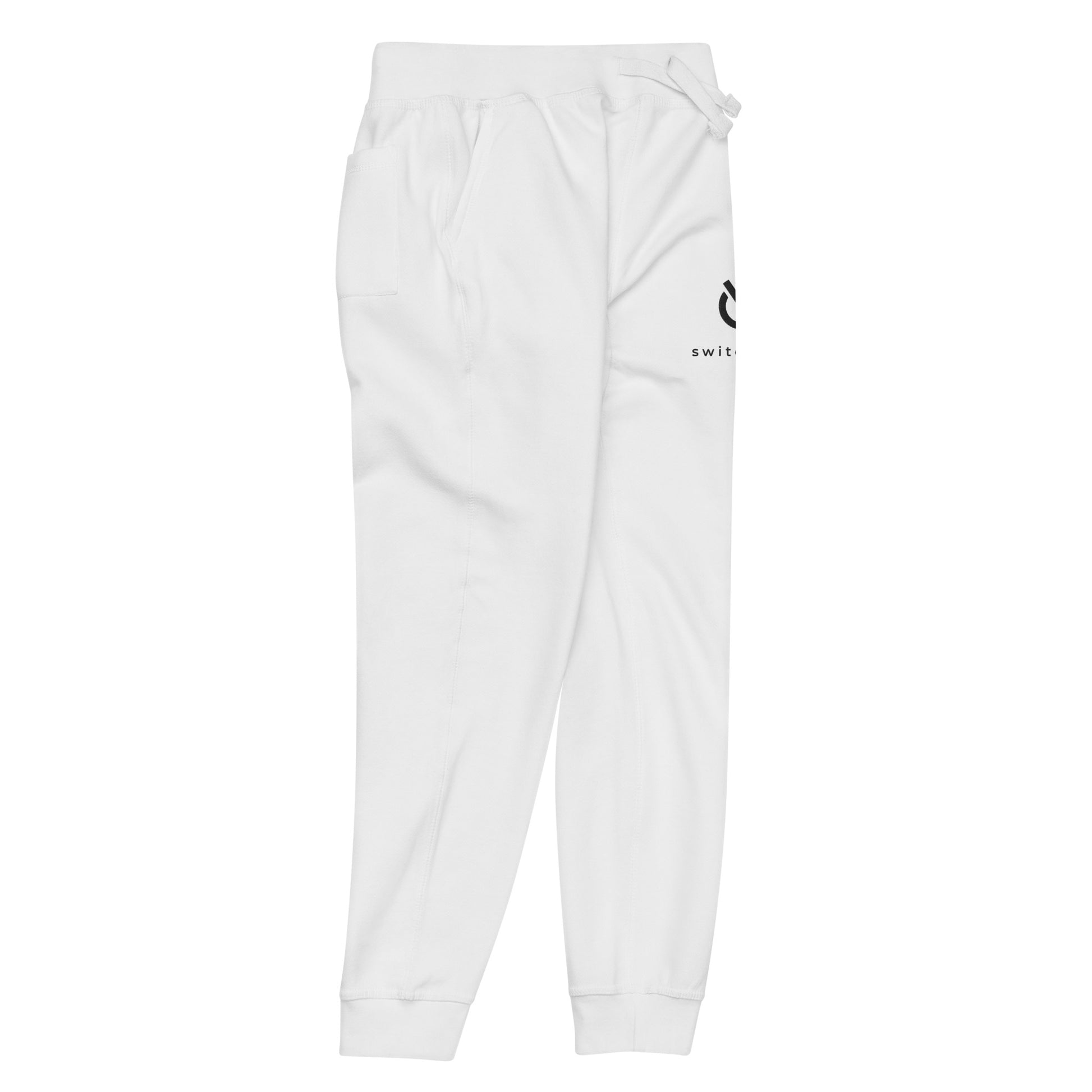 Premium 3-end fleece sweatpants with a soft cotton face in white with black switch\off and logo embroidery - An Athlete Trains.