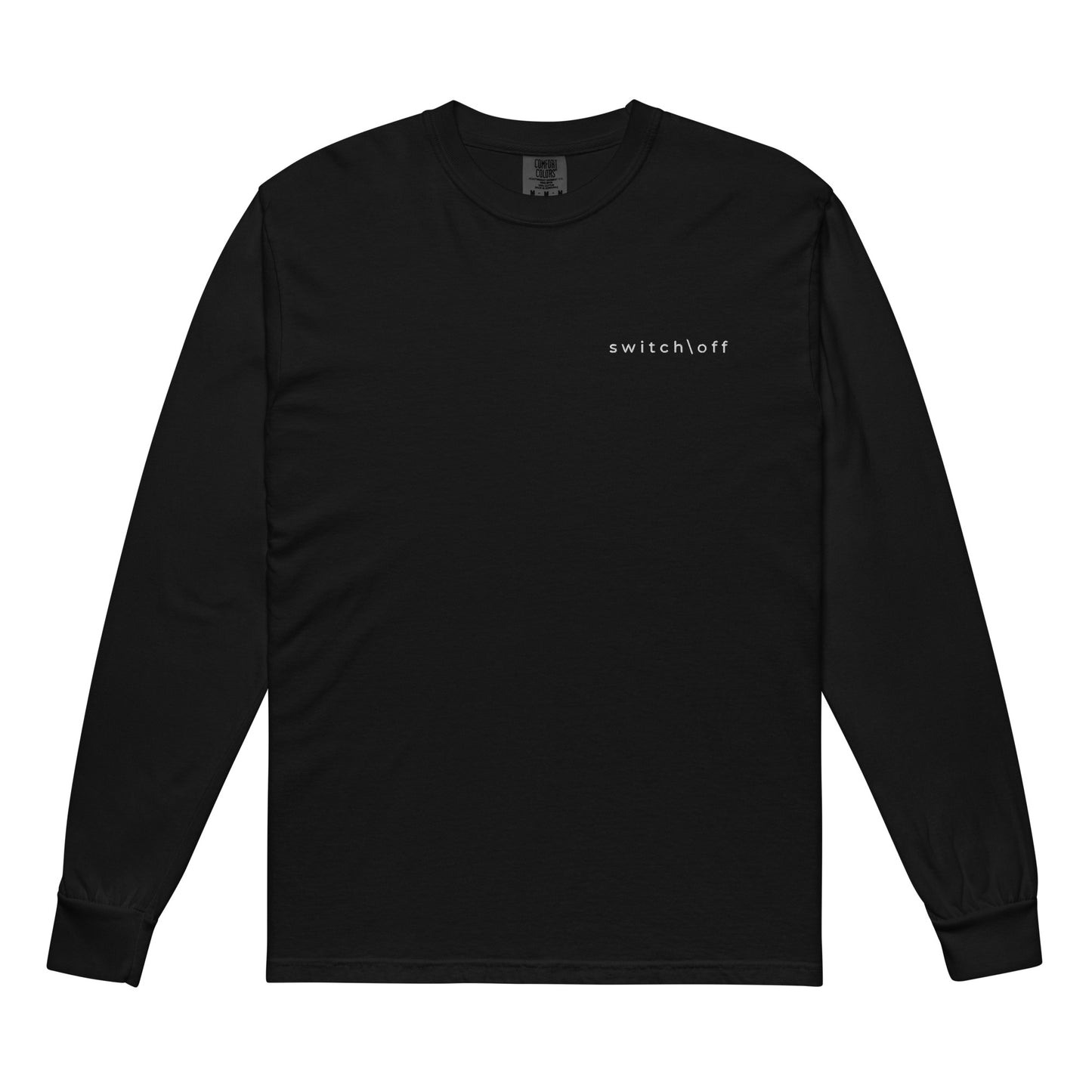 Premium heavyweight long sleeve cotton shirt in black with white switch\off embroidery - An Athlete Trains. Front view