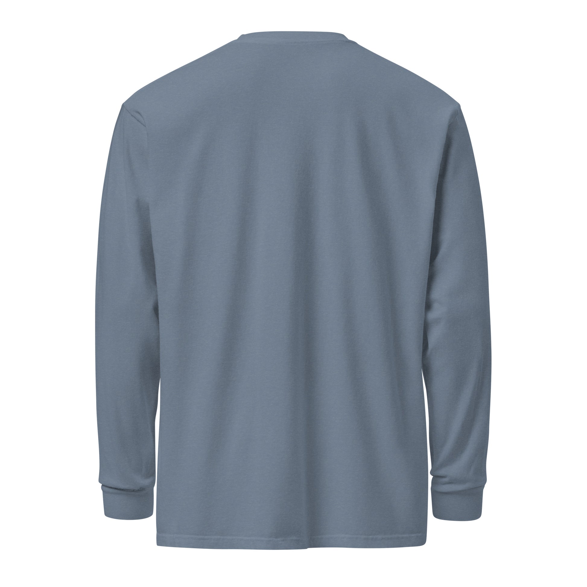 Premium heavyweight long sleeve cotton shirt in blue - An Athlete Trains. Back view 