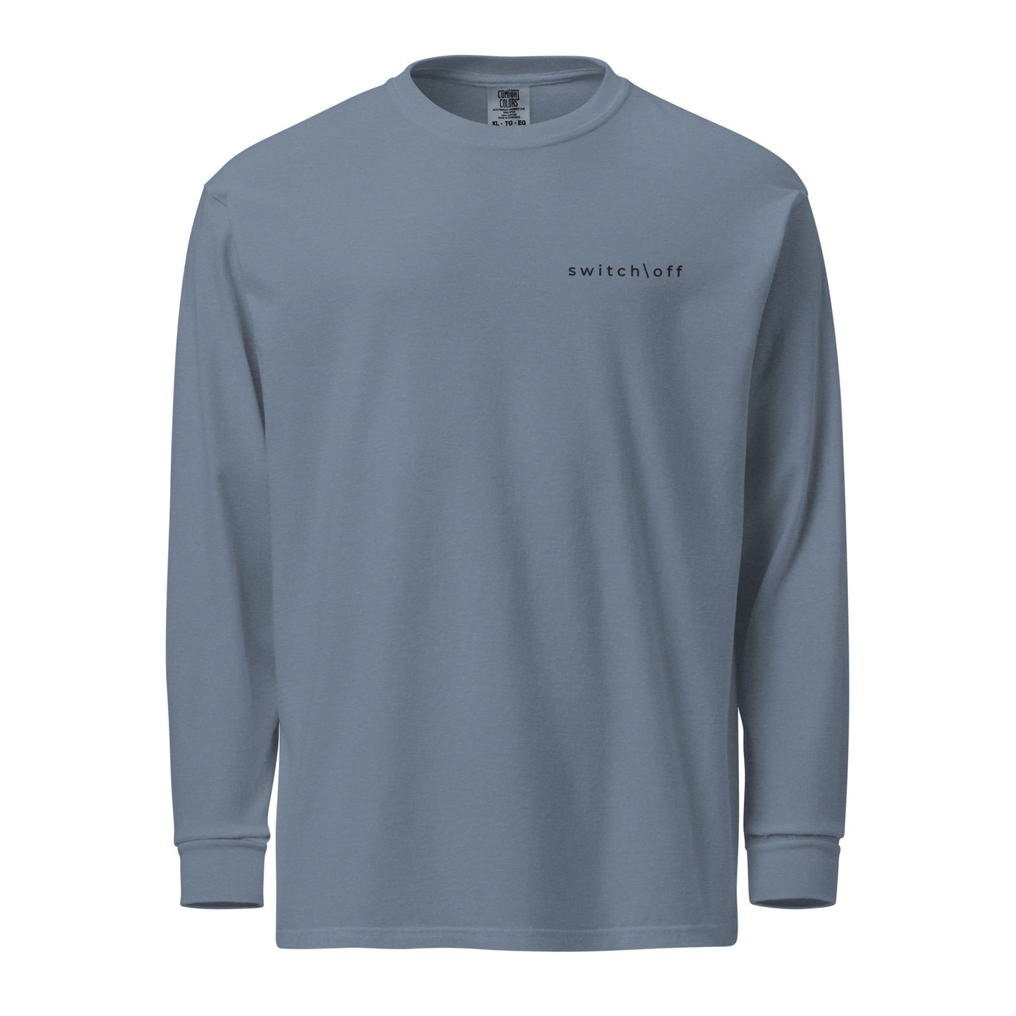 Premium heavyweight long sleeve cotton shirt in blue with black switch\off embroidery - An Athlete Trains. Front view