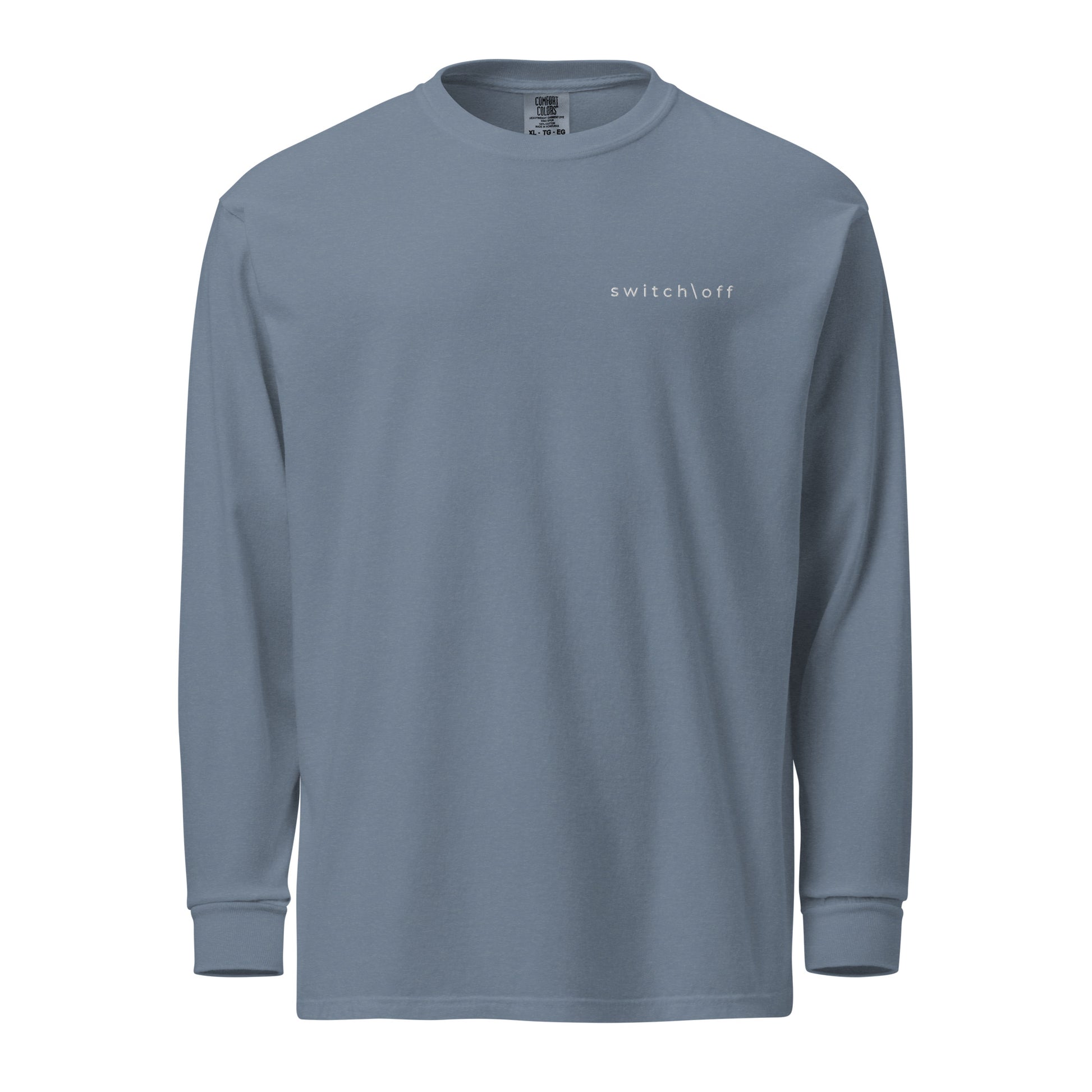 Premium heavyweight long sleeve cotton shirt in blue with white switch\off embroidery - An Athlete Trains. Front view