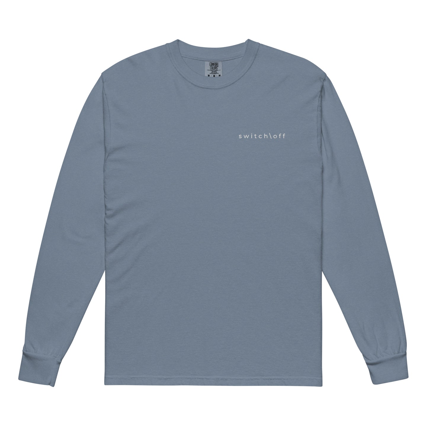 Premium heavyweight long sleeve cotton shirt in blue with white switch\off embroidery - An Athlete Trains. Front view