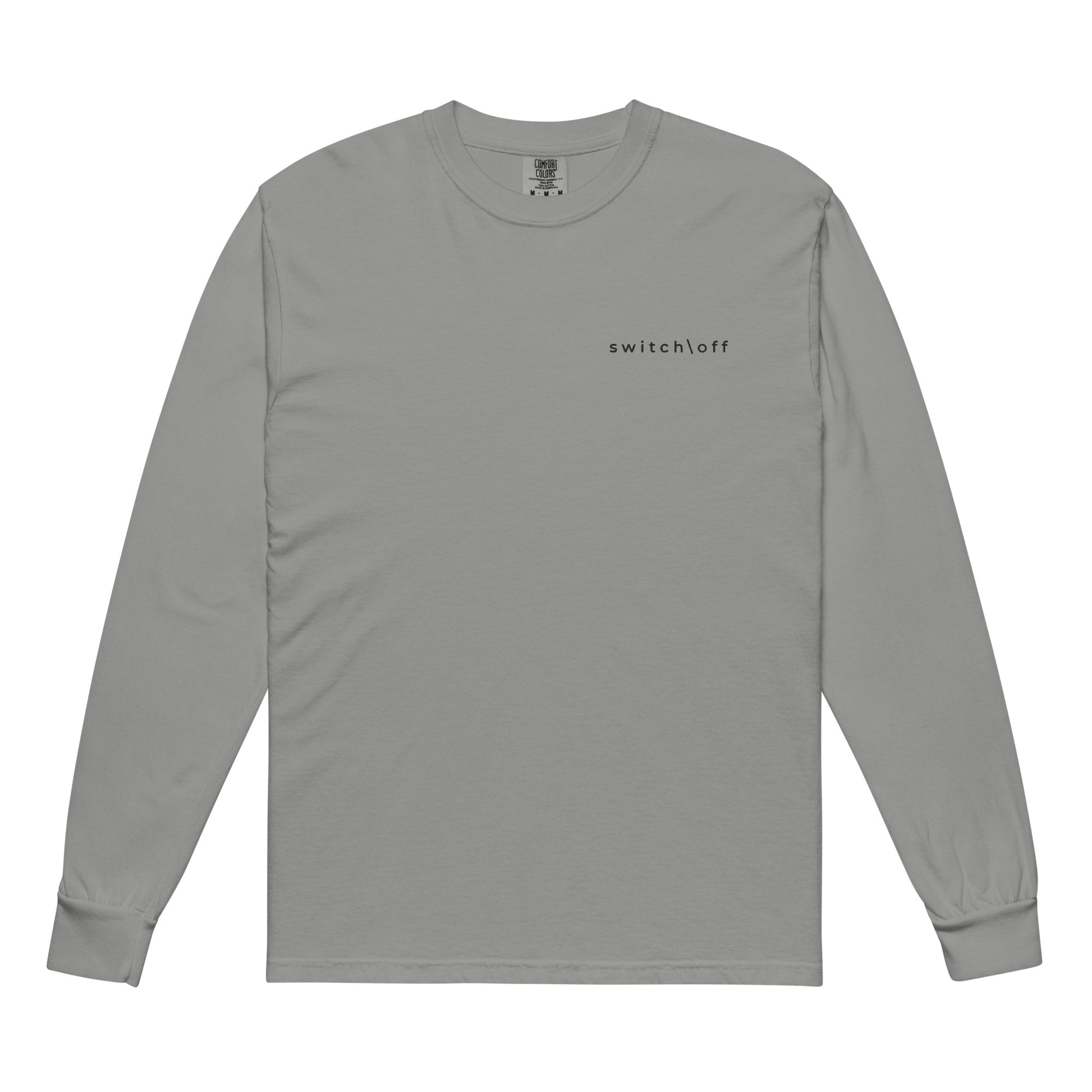 Premium heavyweight long sleeve cotton shirt in gray with black switch\off embroidery - An Athlete Trains. Front view