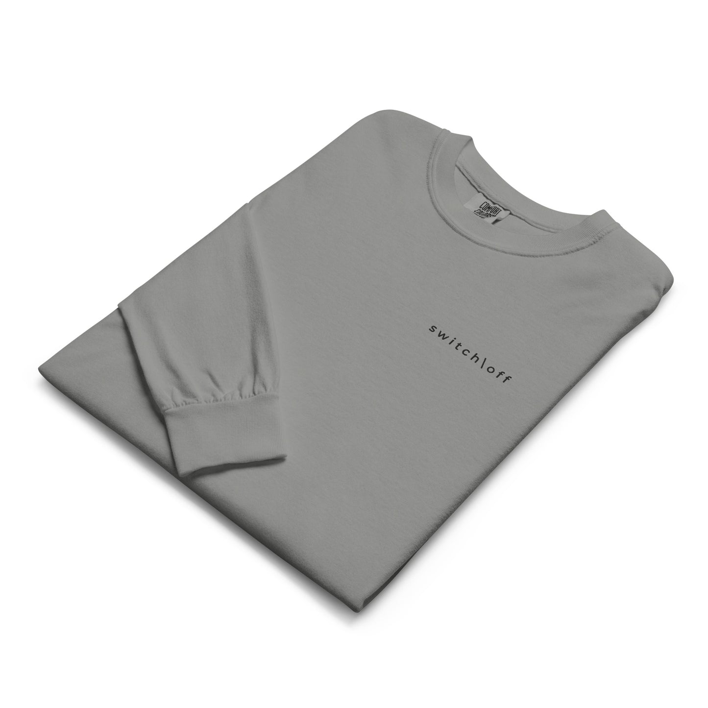 Premium heavyweight long sleeve cotton shirt in gray with black switch\off embroidery - An Athlete Trains. Front view