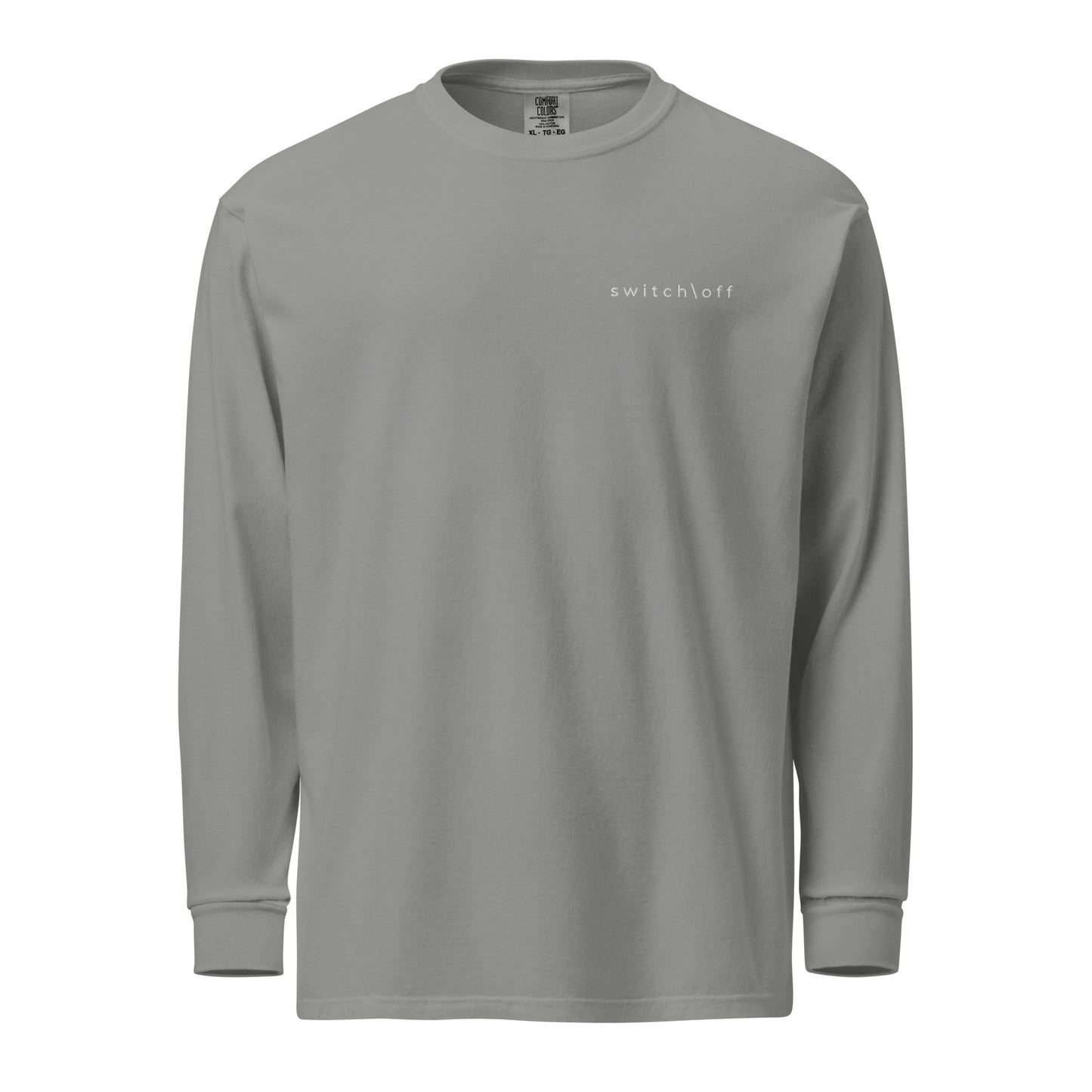 Premium heavyweight long sleeve cotton shirt in gray with white switch\off embroidery - An Athlete Trains. Front view