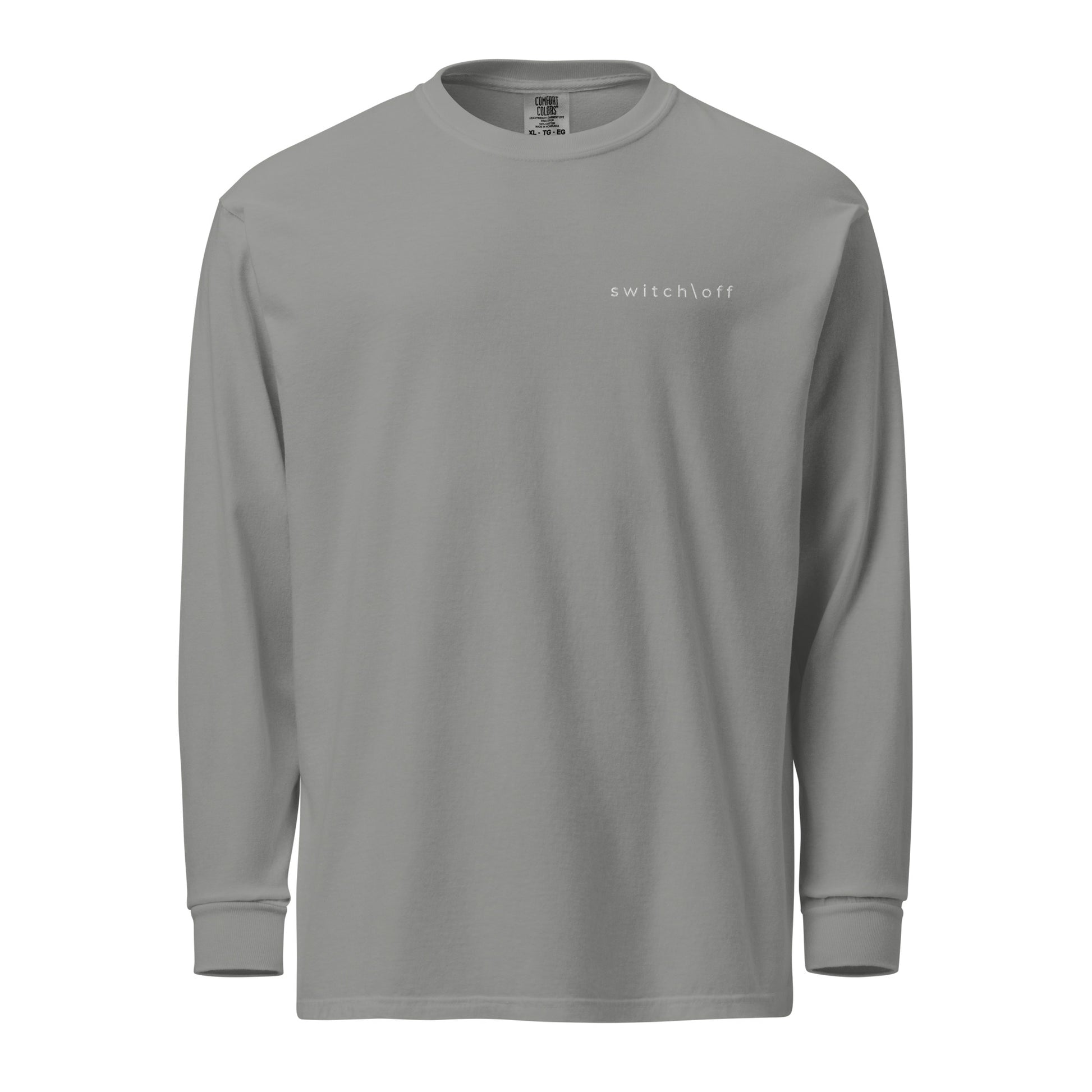 Premium heavyweight long sleeve cotton shirt in gray with white switch\off embroidery - An Athlete Trains. Front view