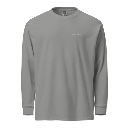 Premium heavyweight long sleeve cotton shirt in gray with white switch\off embroidery - An Athlete Trains. Front view