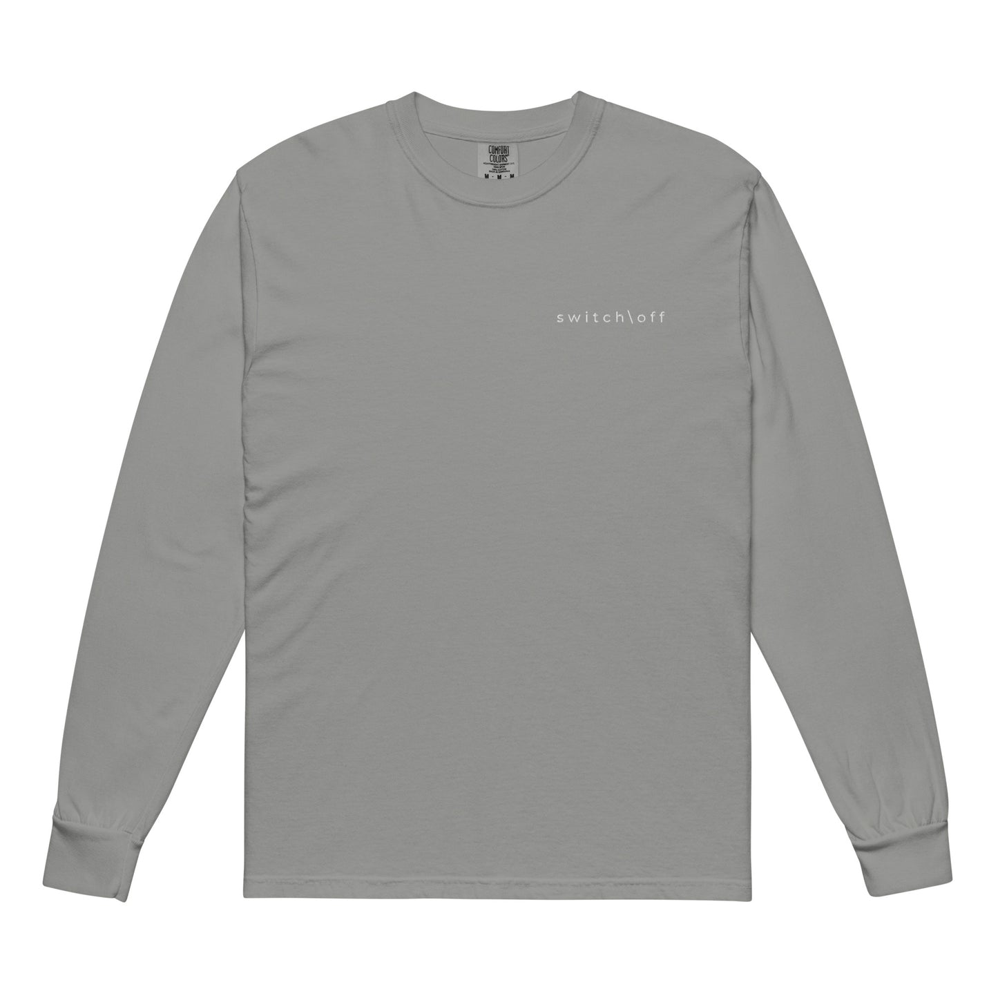 Premium heavyweight long sleeve cotton shirt in gray with white switch\off embroidery - An Athlete Trains. Front view