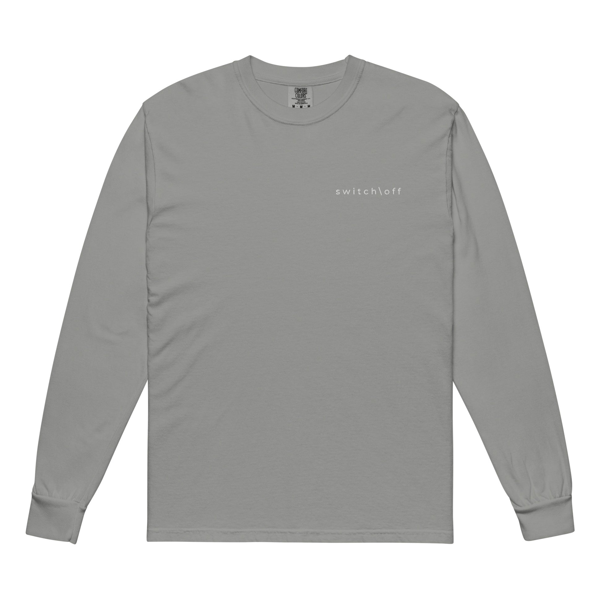 Premium heavyweight long sleeve cotton shirt in gray with white switch\off embroidery - An Athlete Trains. Front view