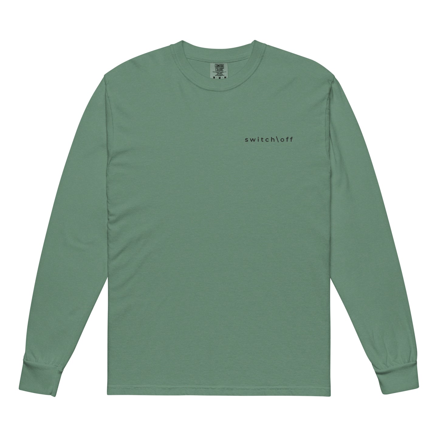Premium heavyweight long sleeve cotton shirt in light green with black switch\off embroidery - An Athlete Trains. Front view