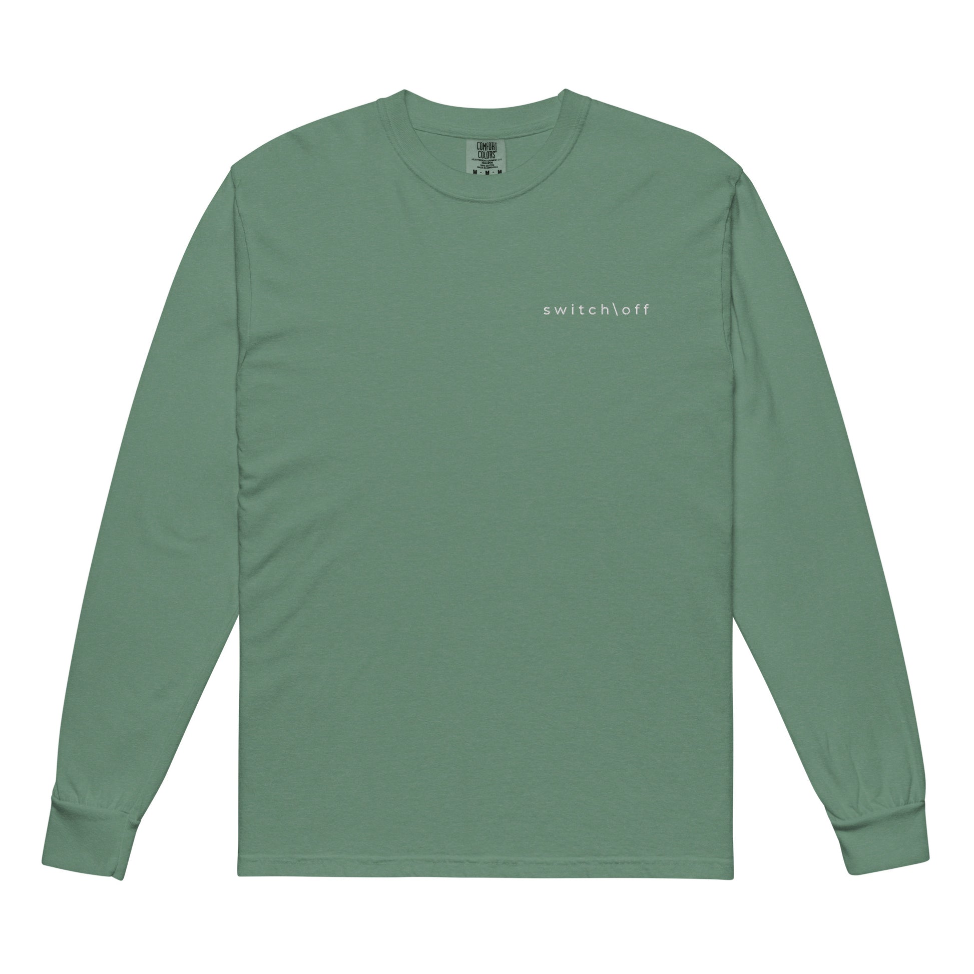 Premium heavyweight long sleeve cotton shirt in light green with white switch\off embroidery - An Athlete Trains. Front view