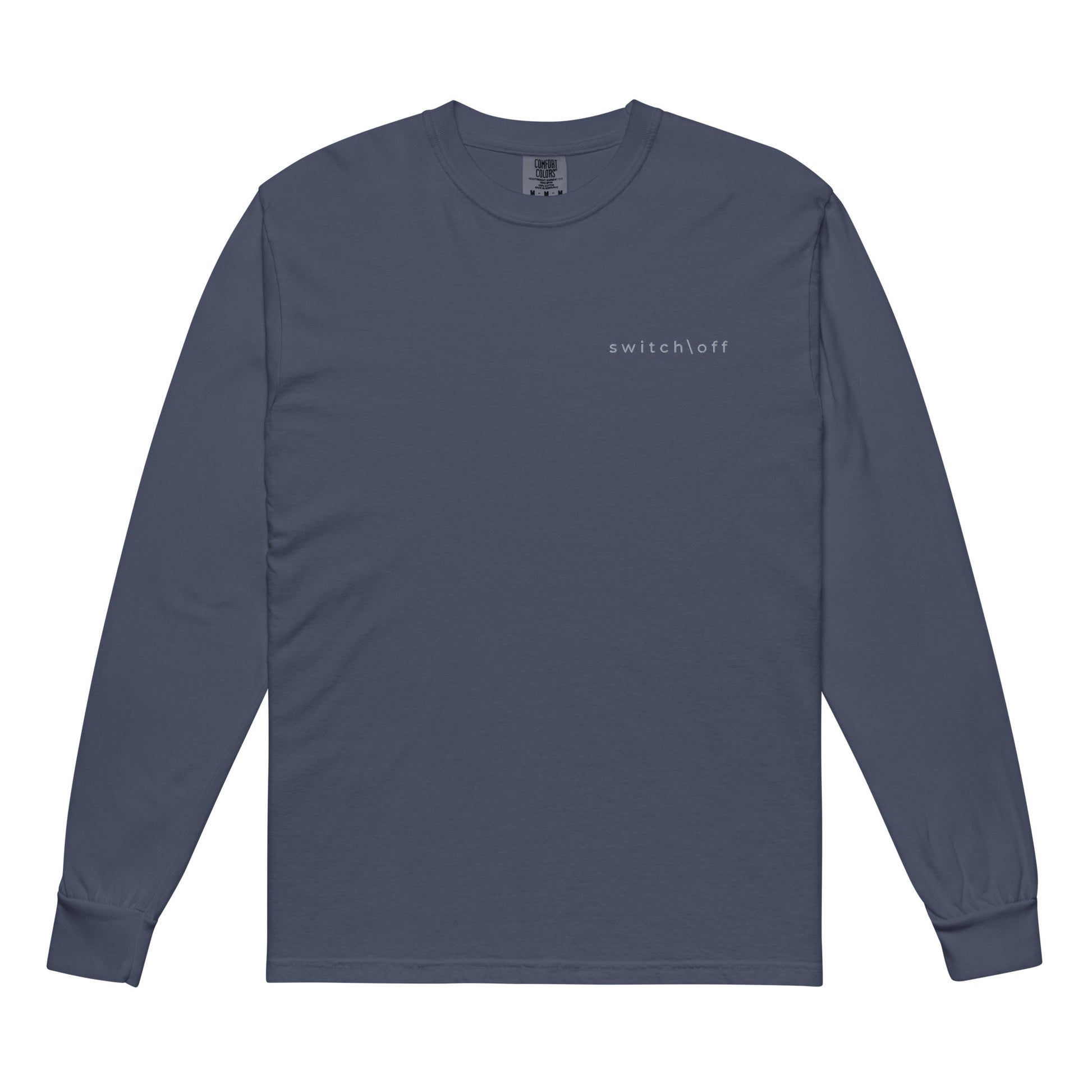 Premium heavyweight long sleeve cotton shirt in navy with gray switch\off embroidery - An Athlete Trains. Front view