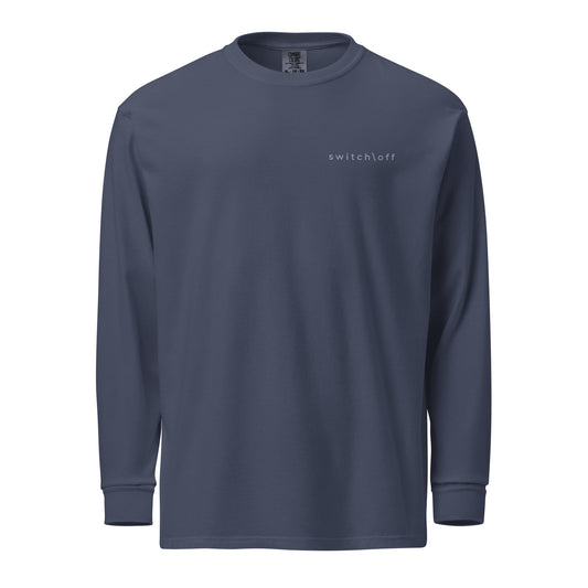 Premium heavyweight long sleeve cotton shirt in navy with gray switch\off embroidery - An Athlete Trains. Front view