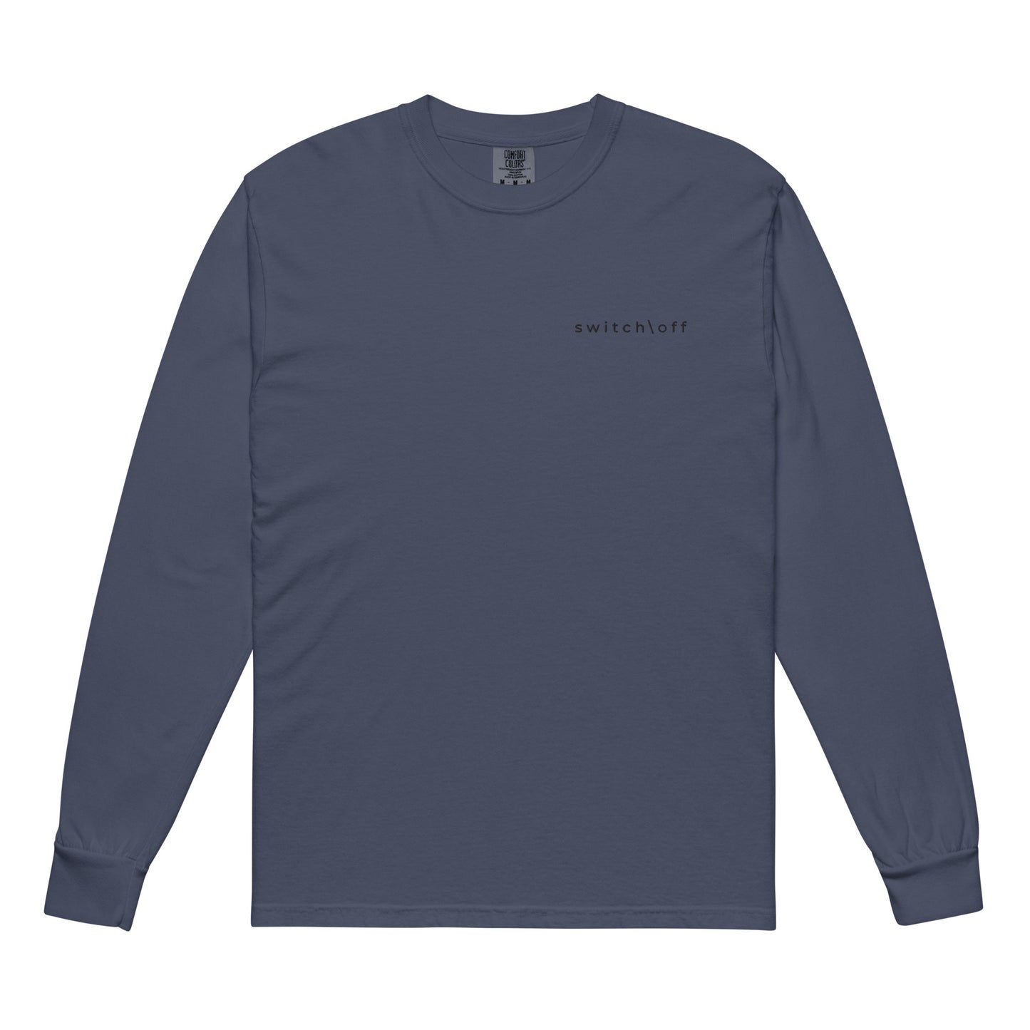 Premium heavyweight long sleeve cotton shirt in navy with black switch\off embroidery - An Athlete Trains. Front view