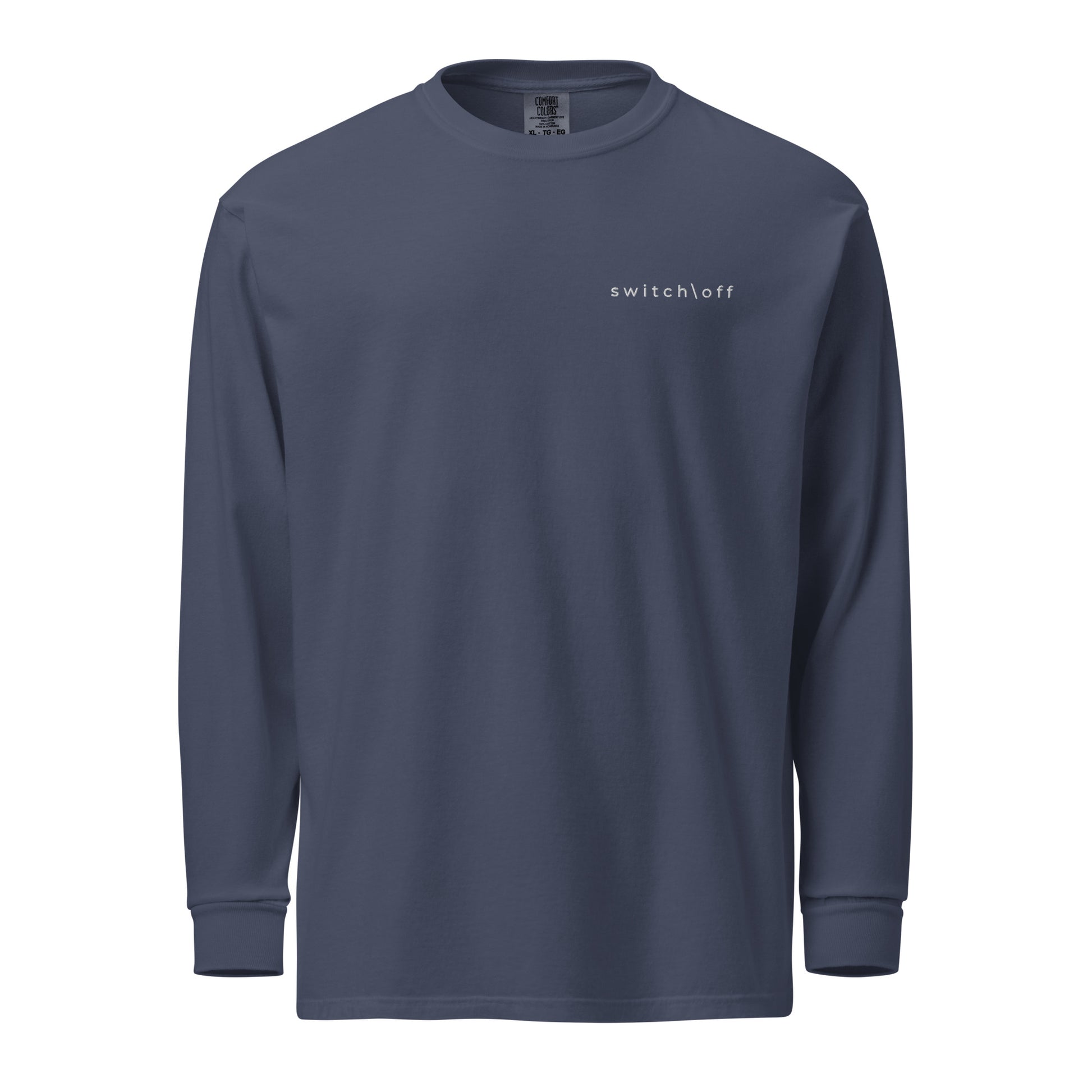 Premium heavyweight long sleeve cotton shirt in navy with white switch\off embroidery - An Athlete Trains. Front view