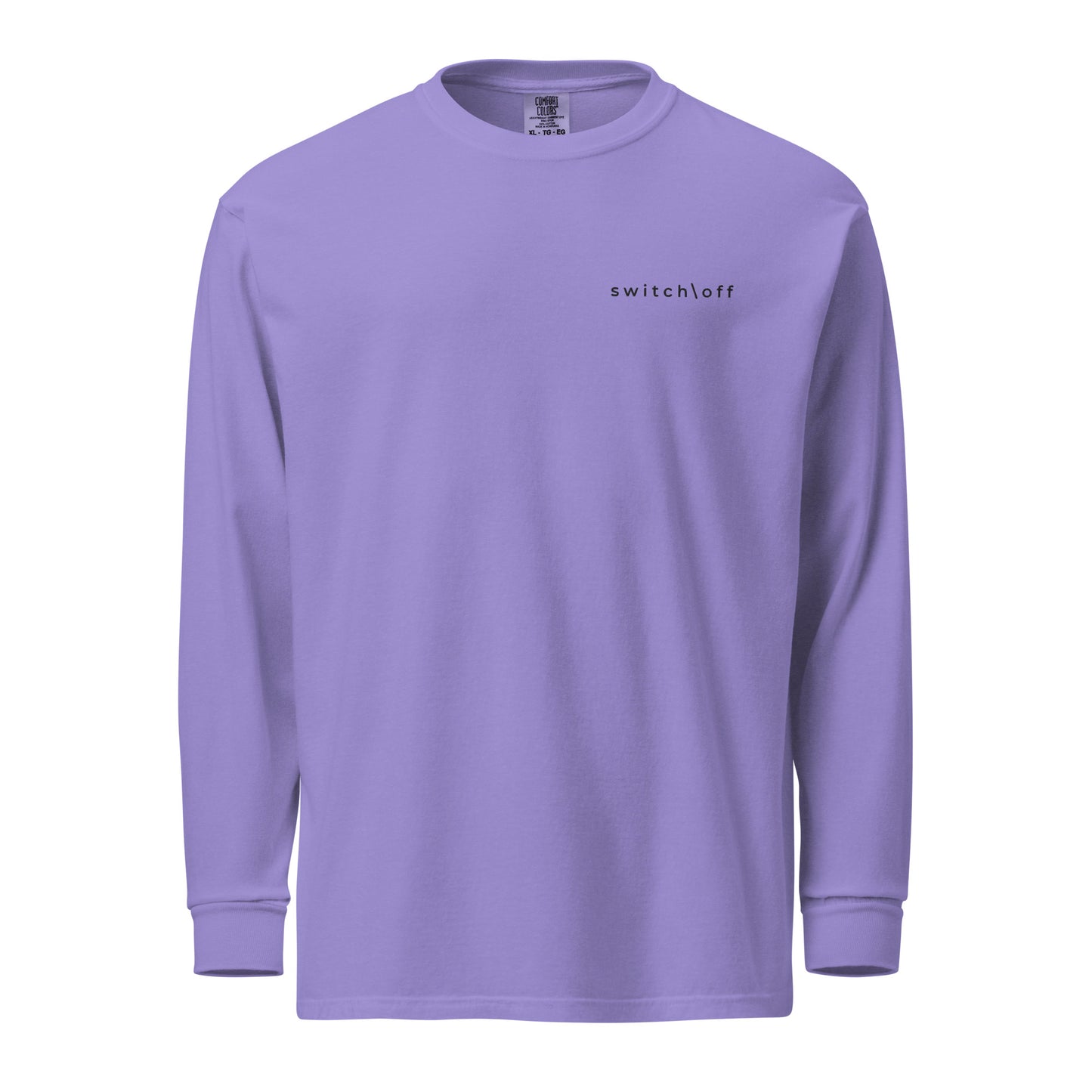 Premium heavyweight long sleeve cotton shirt in violet with black switch\off embroidery - An Athlete Trains. Front view