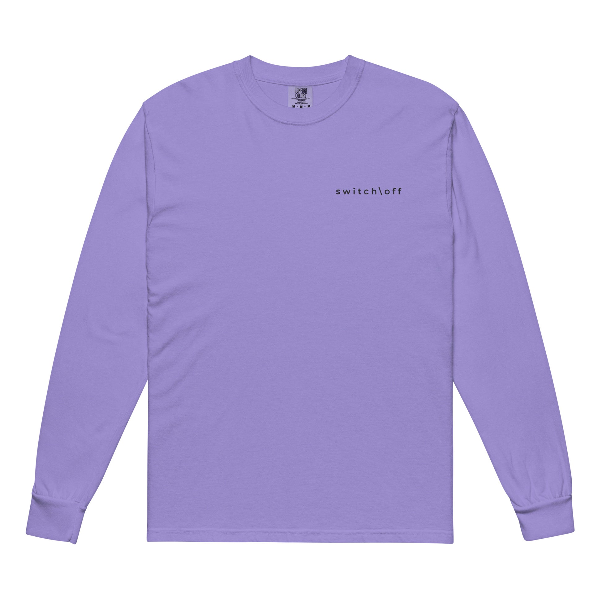 Premium heavyweight long sleeve cotton shirt in violet with black switch\off embroidery - An Athlete Trains. Front view