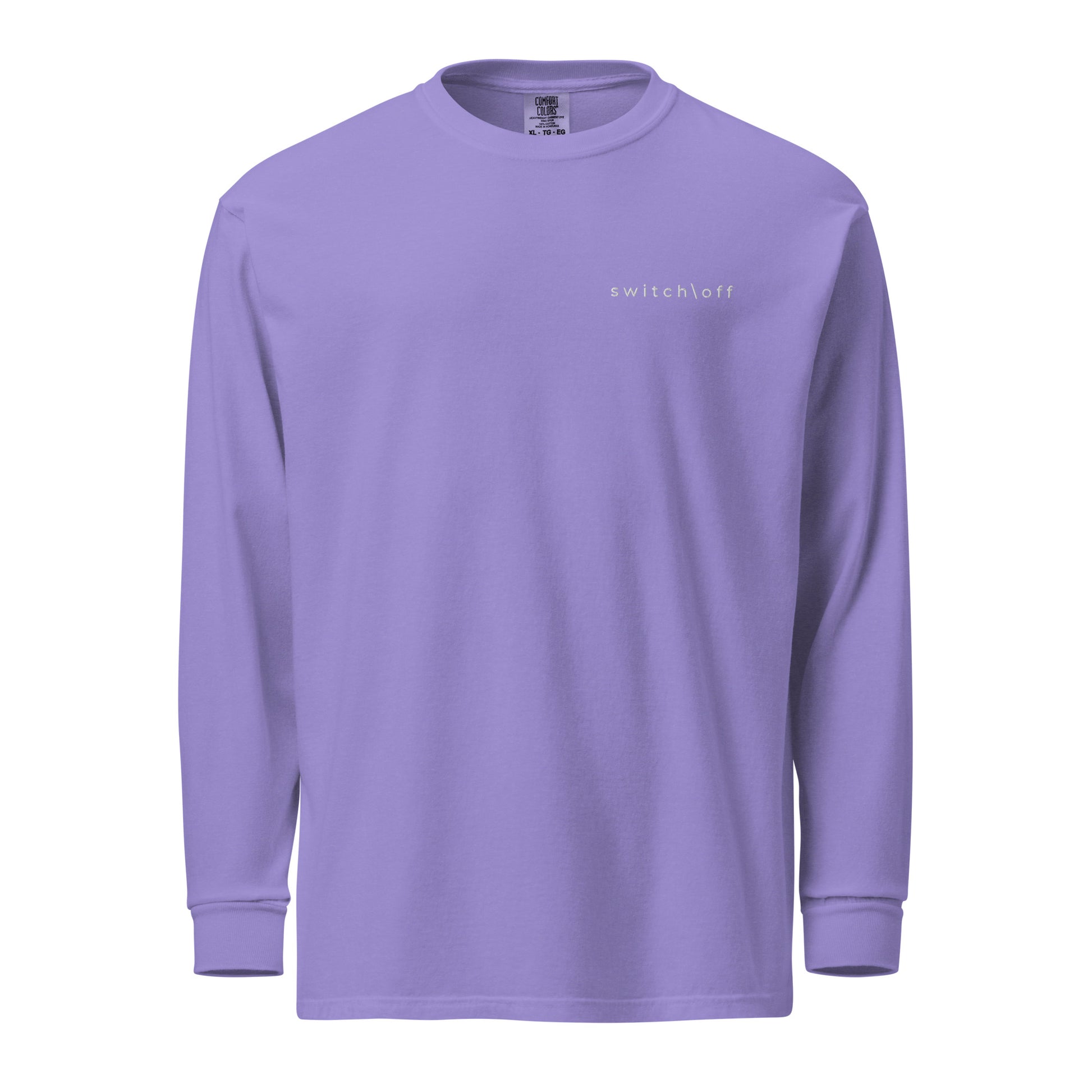Premium heavyweight long sleeve cotton shirt in violet with white switch\off embroidery - An Athlete Trains. Front view