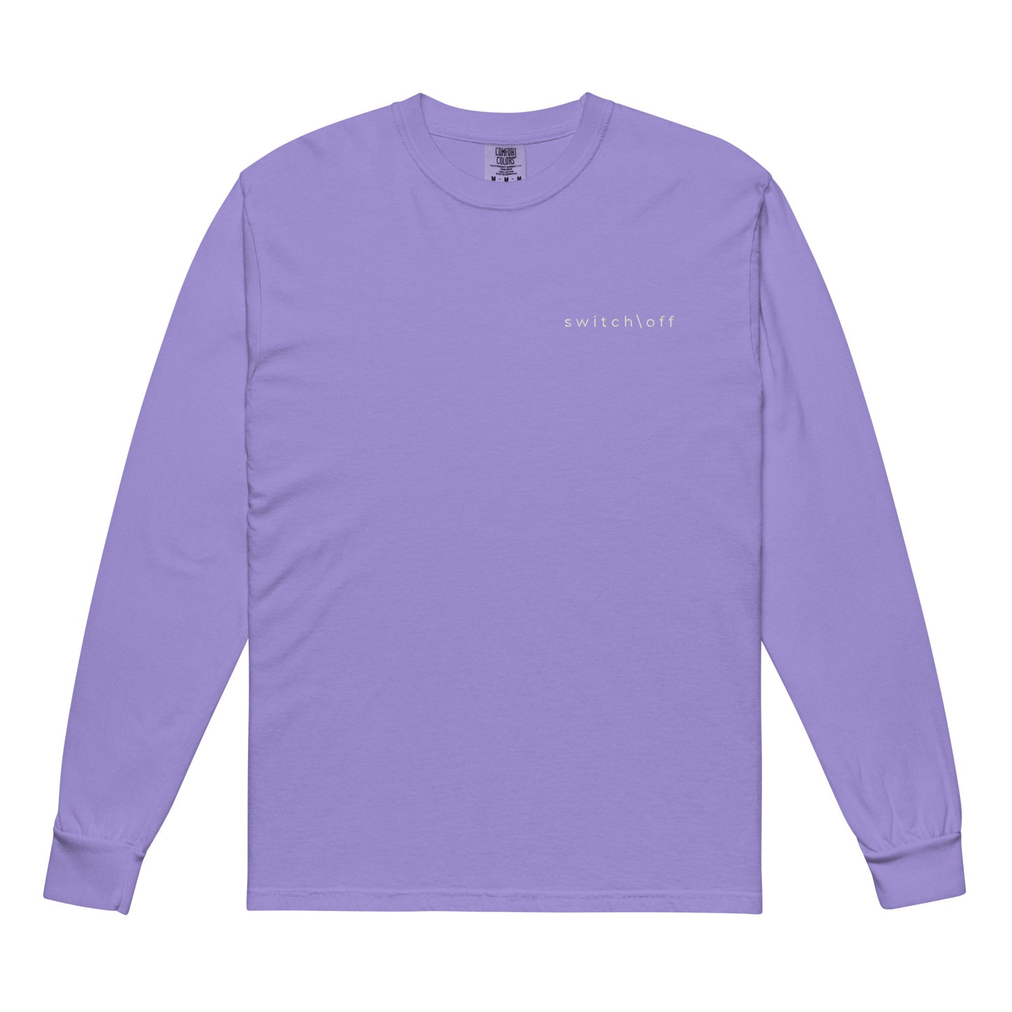 Premium heavyweight long sleeve cotton shirt in violet with white switch\off embroidery - An Athlete Trains. Front view