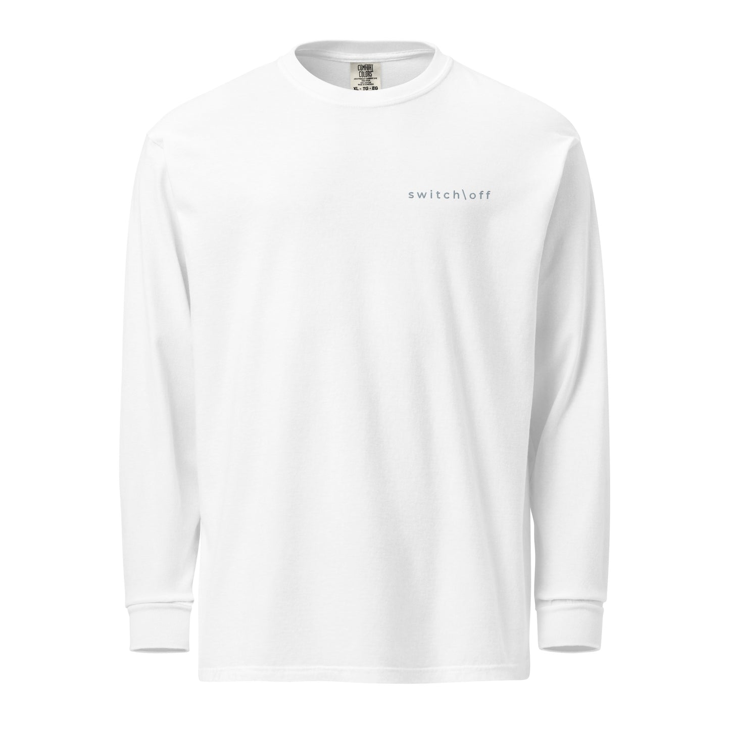 Premium heavyweight long sleeve cotton shirt in white with gray switch\off embroidery - An Athlete Trains. Front view