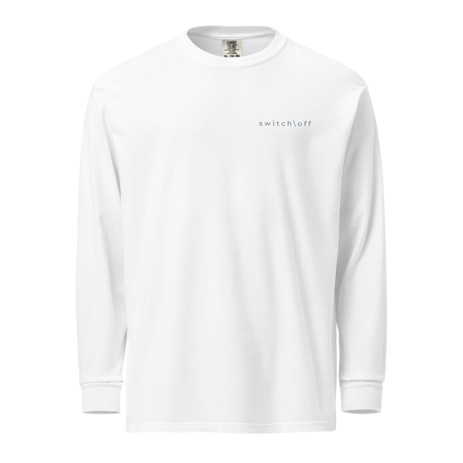 Premium heavyweight long sleeve cotton shirt in white with gray switch\off embroidery - An Athlete Trains. Front view