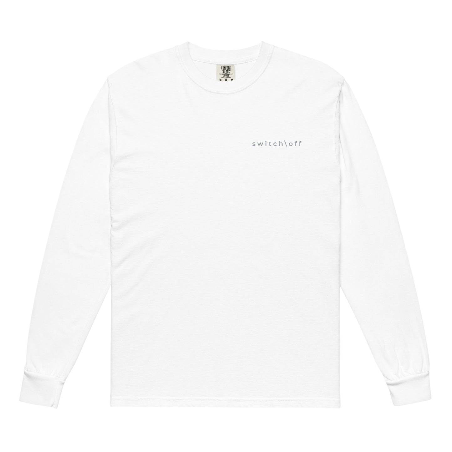 Premium heavyweight long sleeve cotton shirt in white with gray switch\off embroidery - An Athlete Trains. Front view