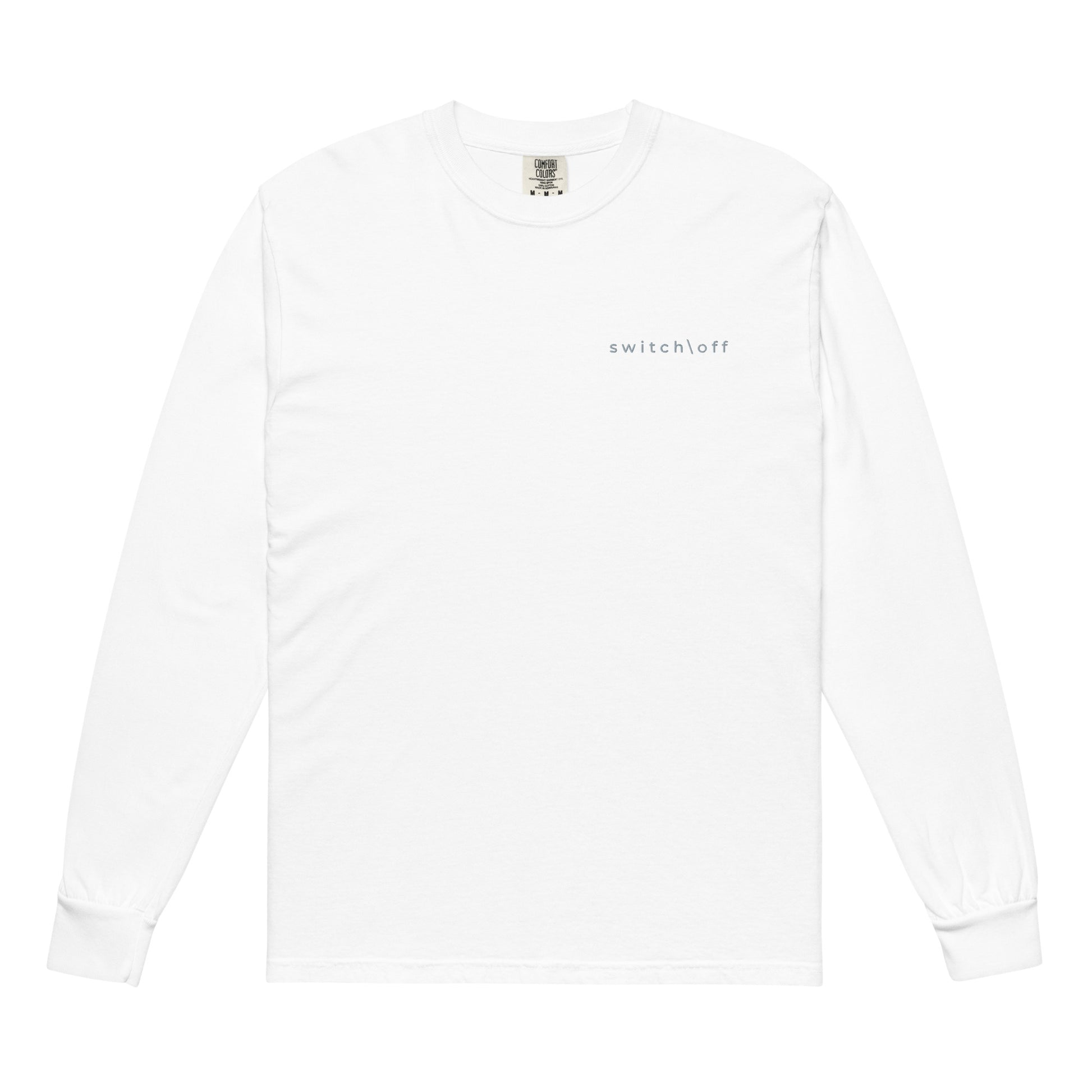 Premium heavyweight long sleeve cotton shirt in white with gray switch\off embroidery - An Athlete Trains. Front view