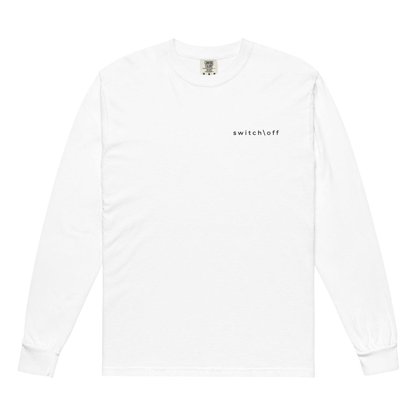 Premium heavyweight long sleeve cotton shirt in white with black switch\off embroidery - An Athlete Trains. Front view