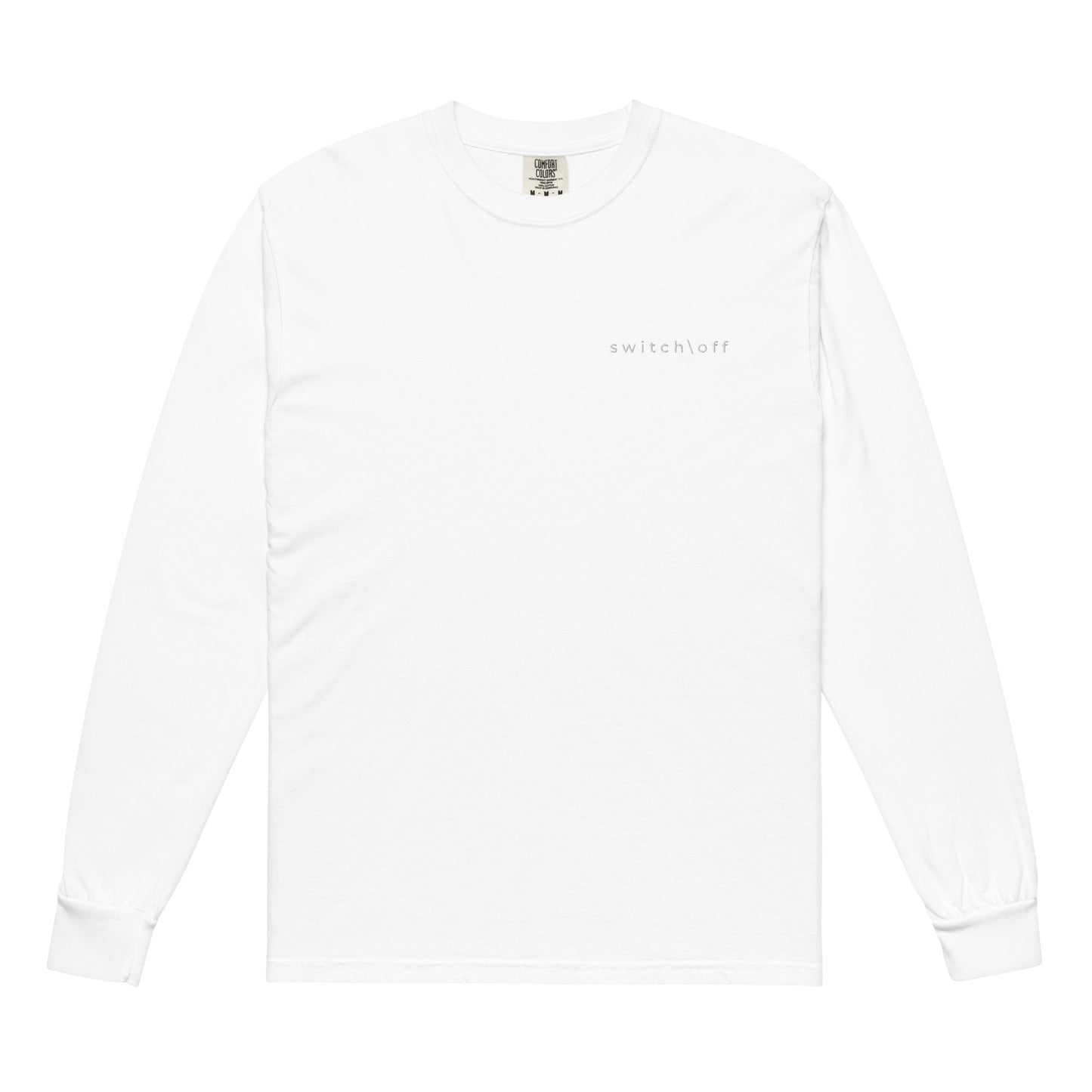 Premium heavyweight long sleeve cotton shirt in white with white switch\off embroidery - An Athlete Trains. Front view