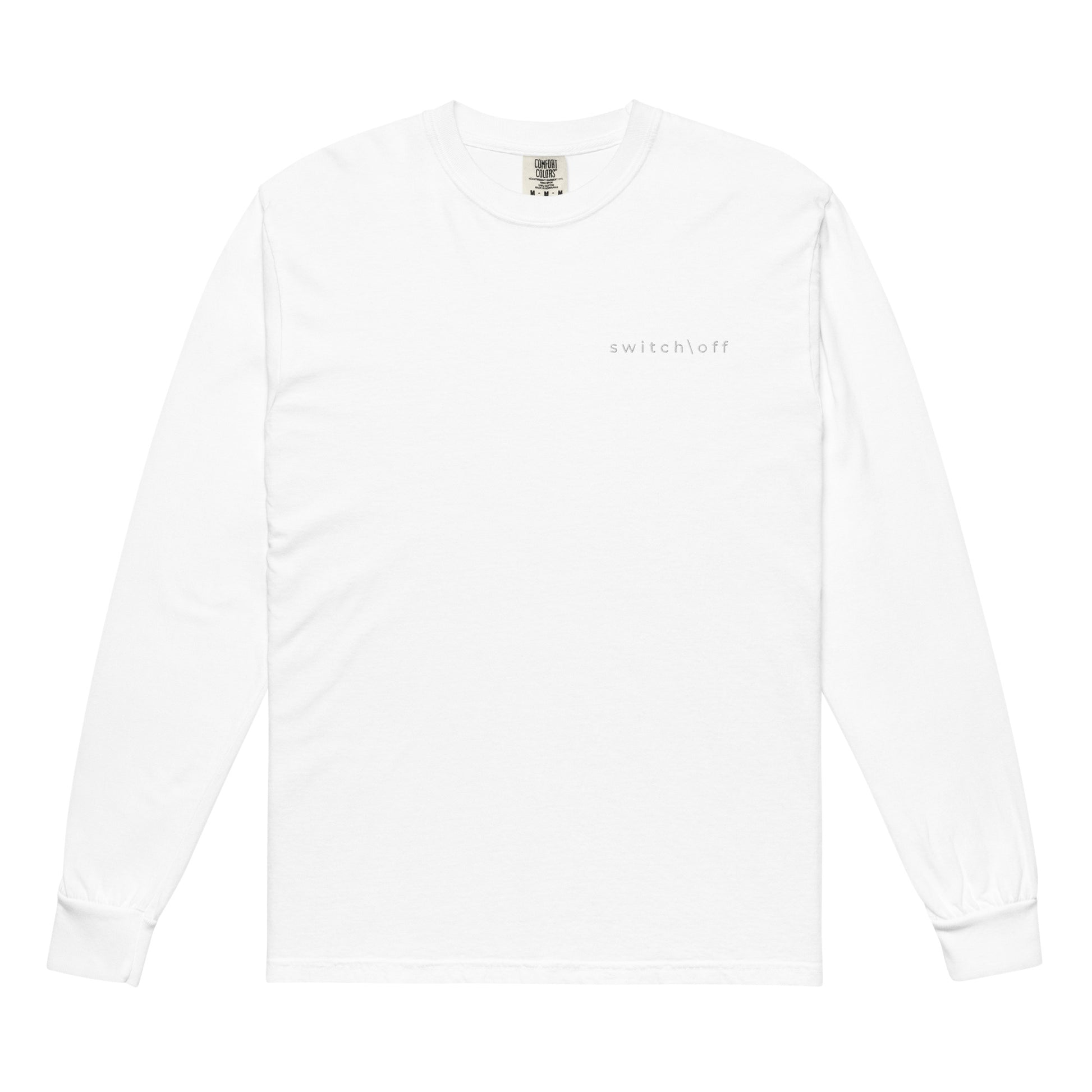 Premium heavyweight long sleeve cotton shirt in white with white switch\off embroidery - An Athlete Trains. Front view